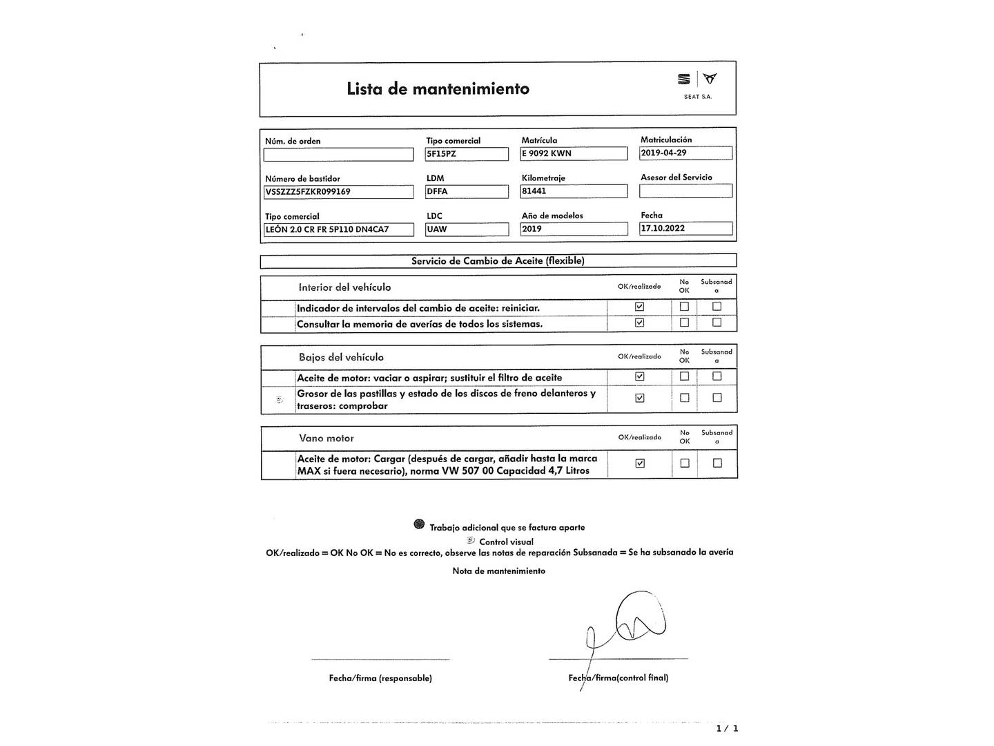 Foto del mantenimiento del Seat León Seat León 2.0 TDI S&S FR DSG (150 CV)