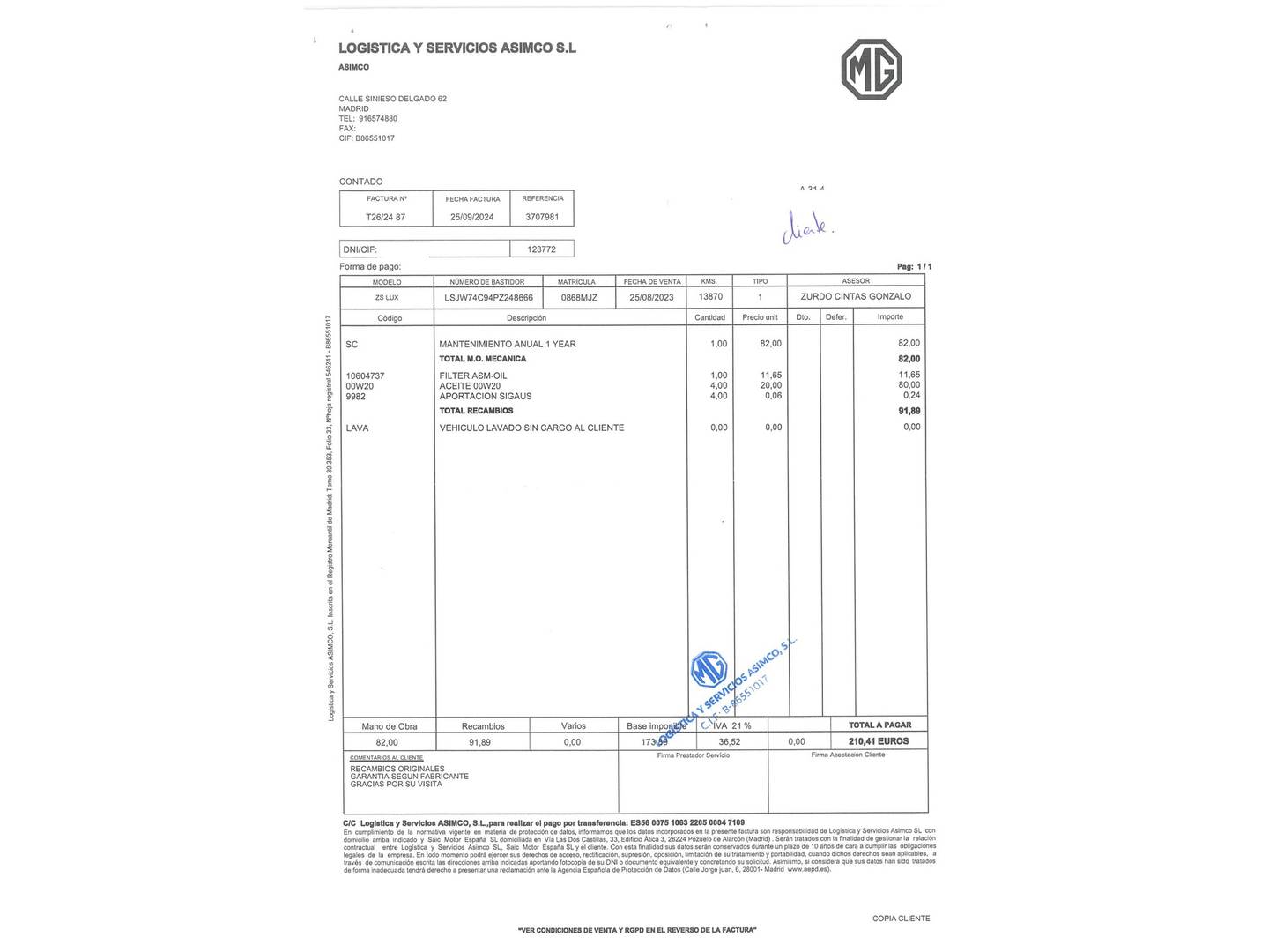 Foto del mantenimiento del MG ZS MG ZS 1.0T Luxury (111 CV)