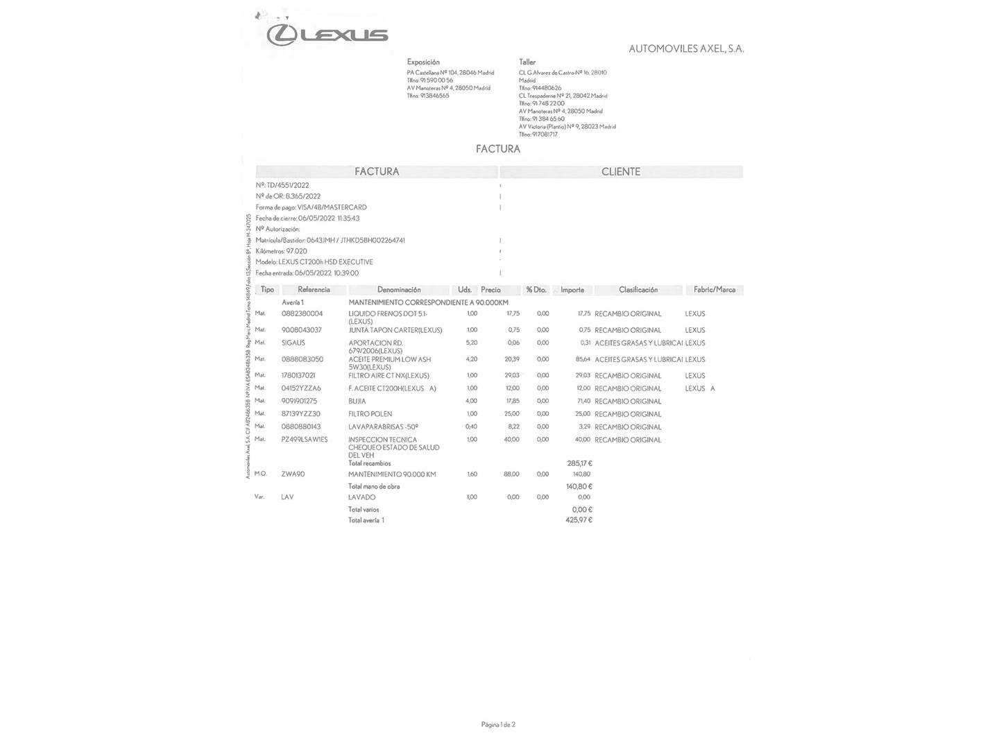 Foto del mantenimiento del Lexus CT Lexus CT 200h Executive 100 kW (136 CV)