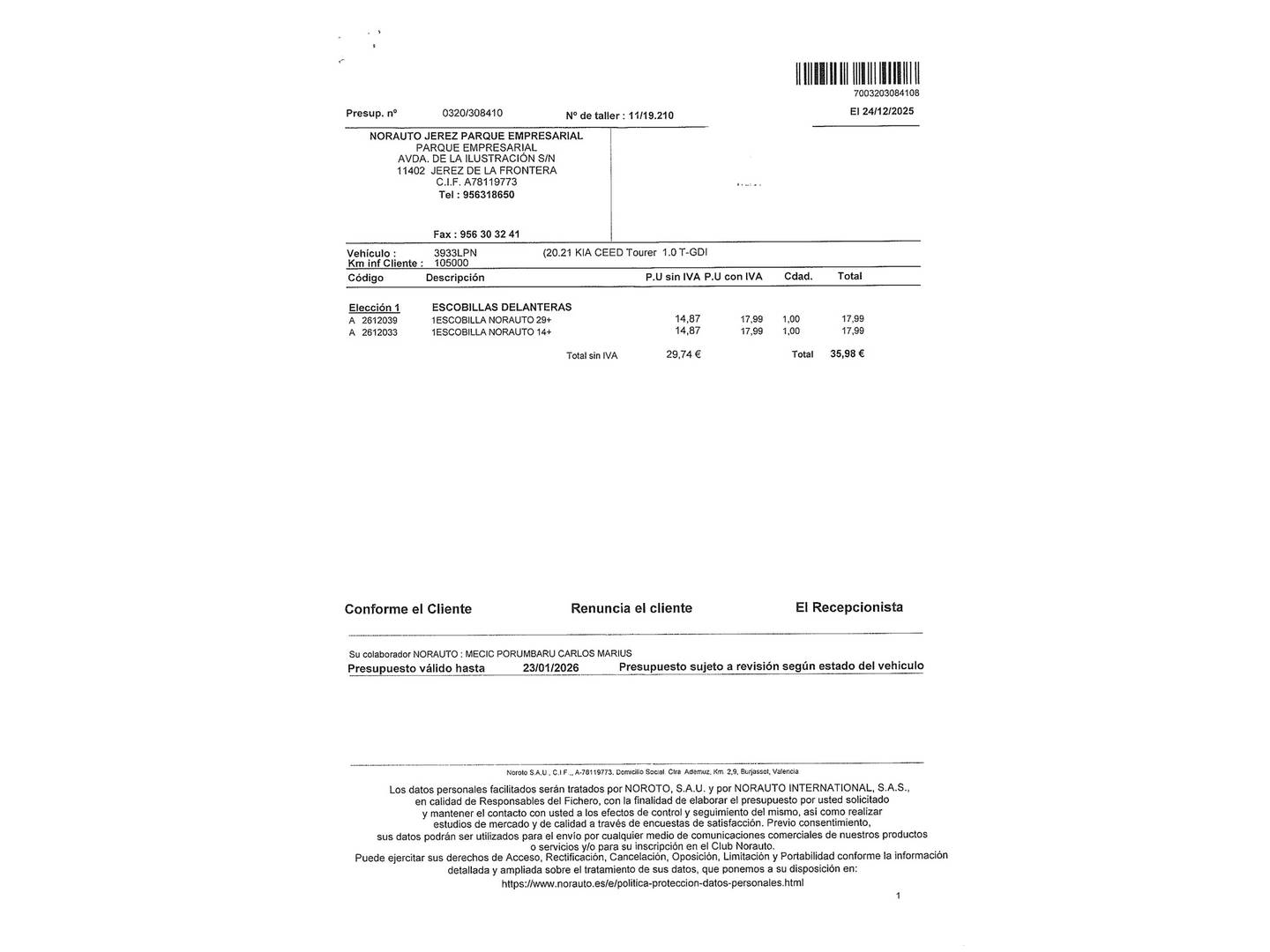 Foto del mantenimiento del KIA Ceed Tourer Kia Ceed Tourer 1.0 T-GDi Drive (120 CV)