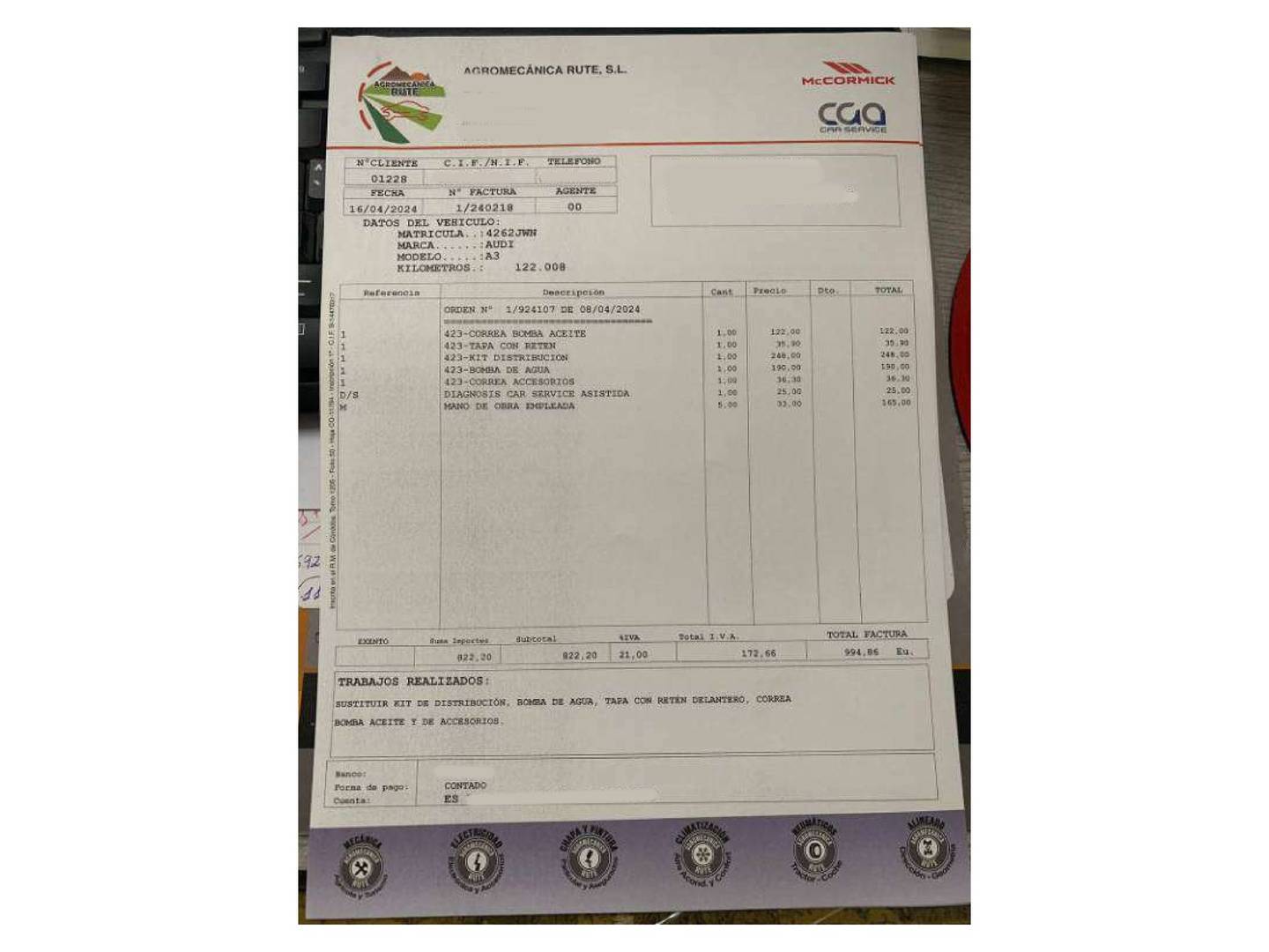 Foto del mantenimiento del Audi A3 Audi A3 Sportback 1.6 TDI (110 CV)