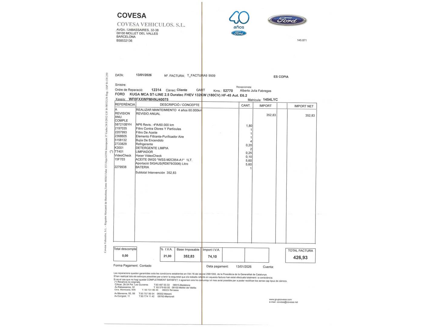 Foto del mantenimiento del Ford Kuga Ford Kuga 2.5 Duratec FHEV ST-Line X 4x2 Auto (190 CV)