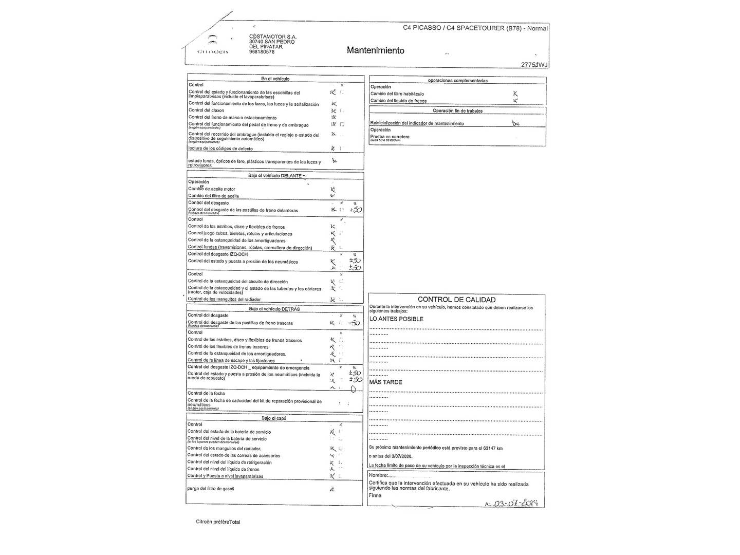 Foto del mantenimiento del Citroën Grand C4 Picasso Citroën Grand C4 Picasso BlueHDi 120 S&S Feel EAT6 (120 CV) 7 Plazas