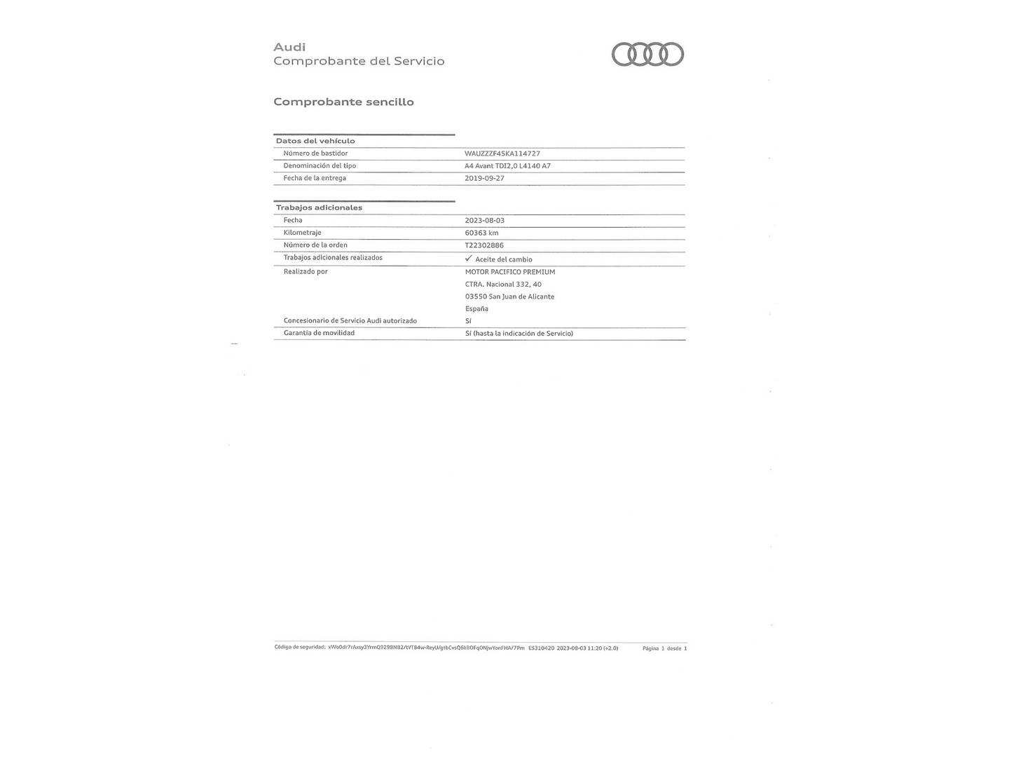 Foto del mantenimiento del Audi A4 Audi A4 Avant Advanced 40 TDI (190 CV) S tronic