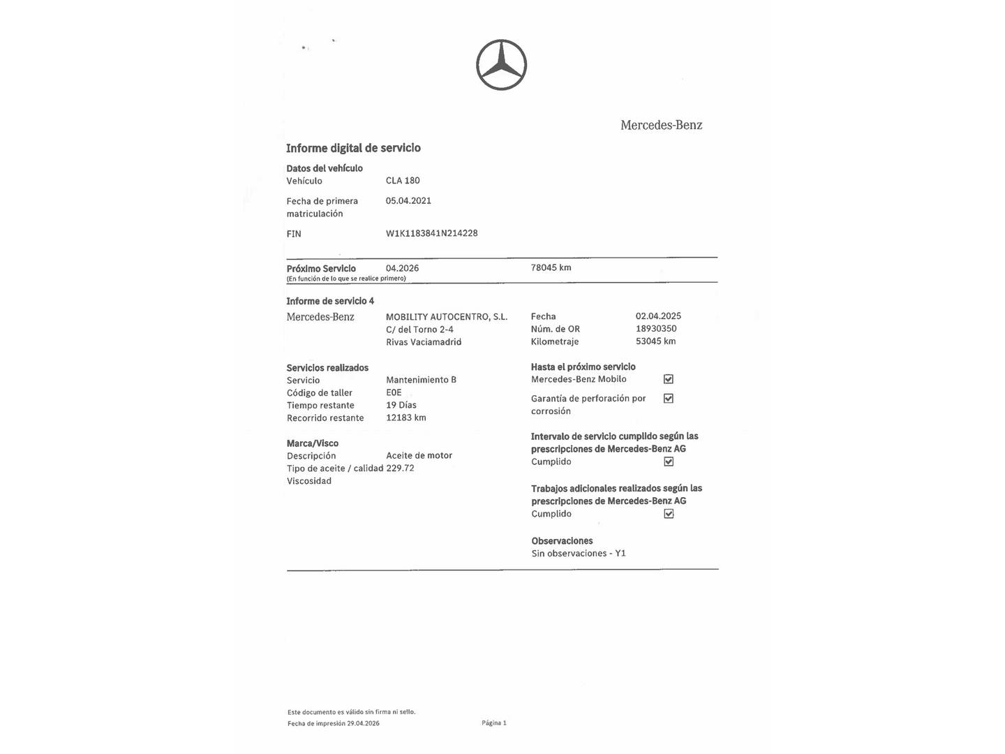 Foto del mantenimiento del Mercedes CLA Mercedes CLA 180 (136 CV)