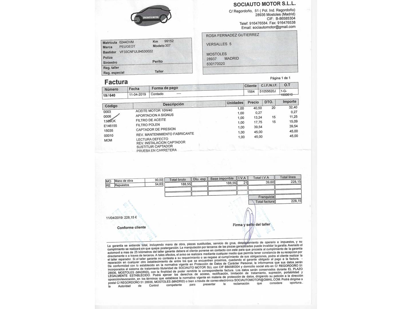 Foto del mantenimiento del Peugeot 307 Peugeot 307 1.6 X-Line (110 CV)
