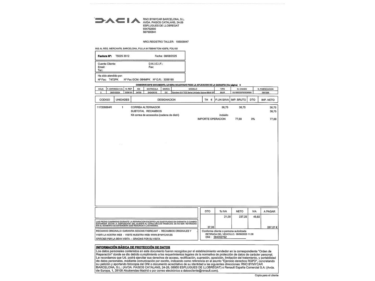 Foto del mantenimiento del Dacia Sandero Dacia Sandero Serie Limitada Xplore TCe (90 CV)