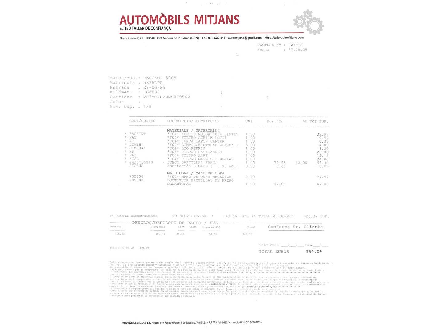 Foto del mantenimiento del Peugeot 5008 Peugeot 5008 BlueHDI 130 S&S GT (130 CV) 7 Plazas