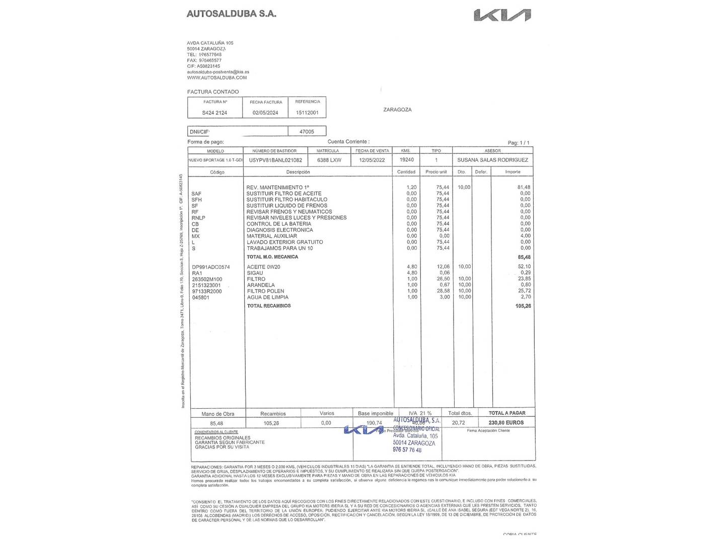 Foto del mantenimiento del KIA Sportage KIA Sportage 1.6 T-GDi MHEV Tech 4x2 (150 CV)