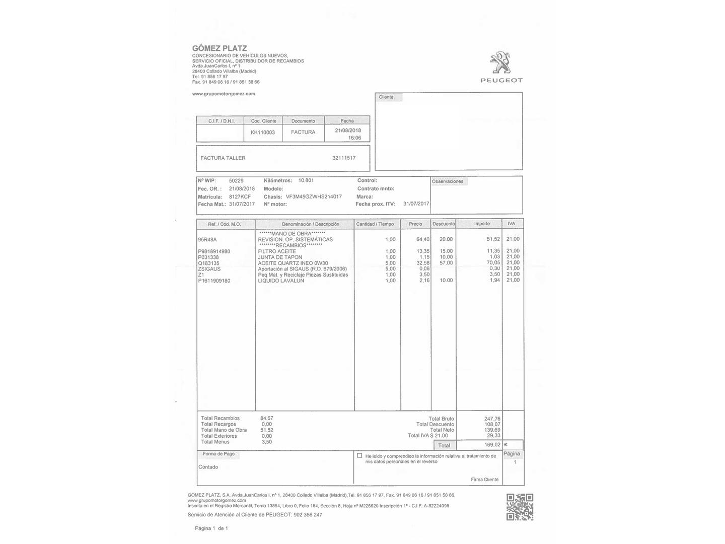 Foto del mantenimiento del Peugeot 3008 Peugeot 3008 THP 165 GT Line S&S Auto (165 CV)