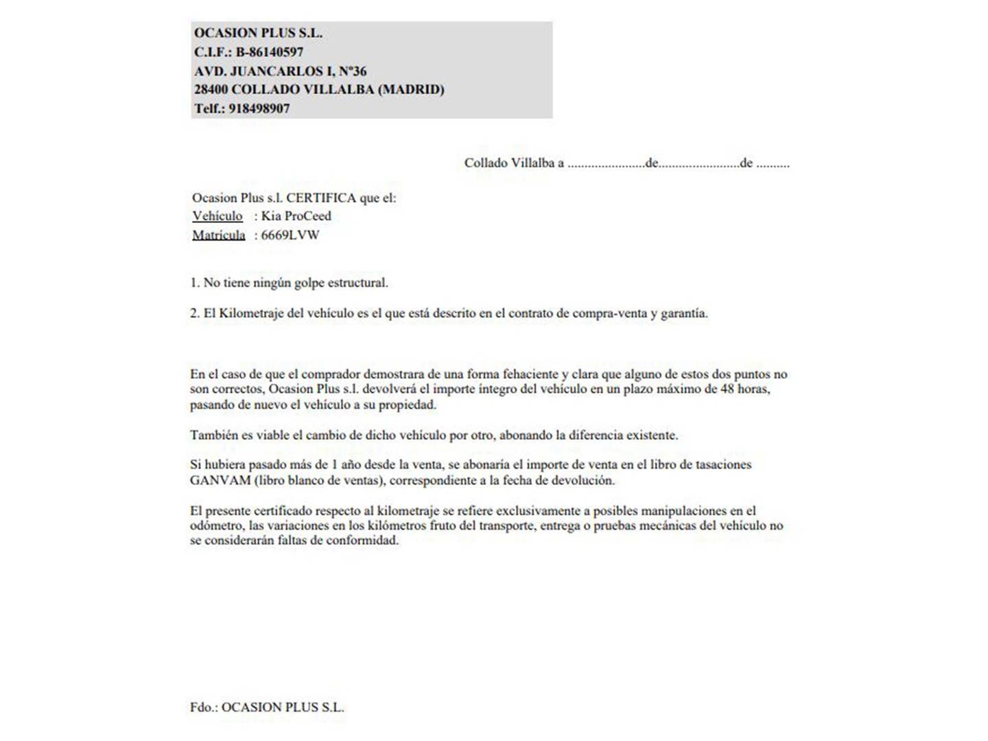 Foto del certificado del KIA ProCeed KIA ProCeed 1.6 T-GDI GT DCT (204 CV)