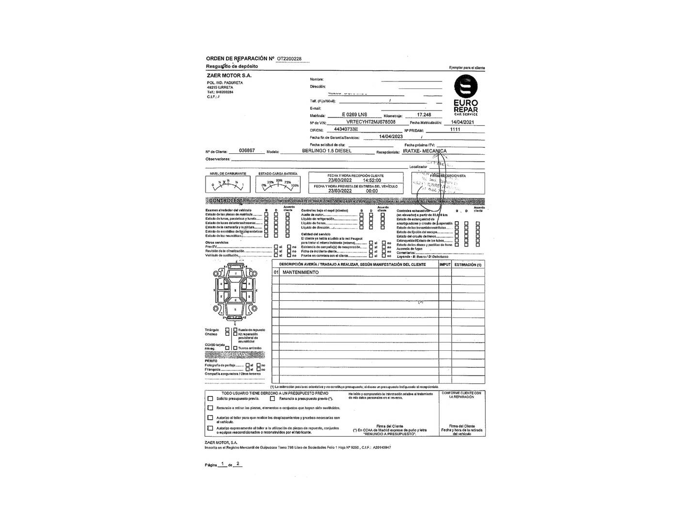 Foto del mantenimiento del Citroën Berlingo Citroen Berlingo S&S Talla M Shine (102 CV)