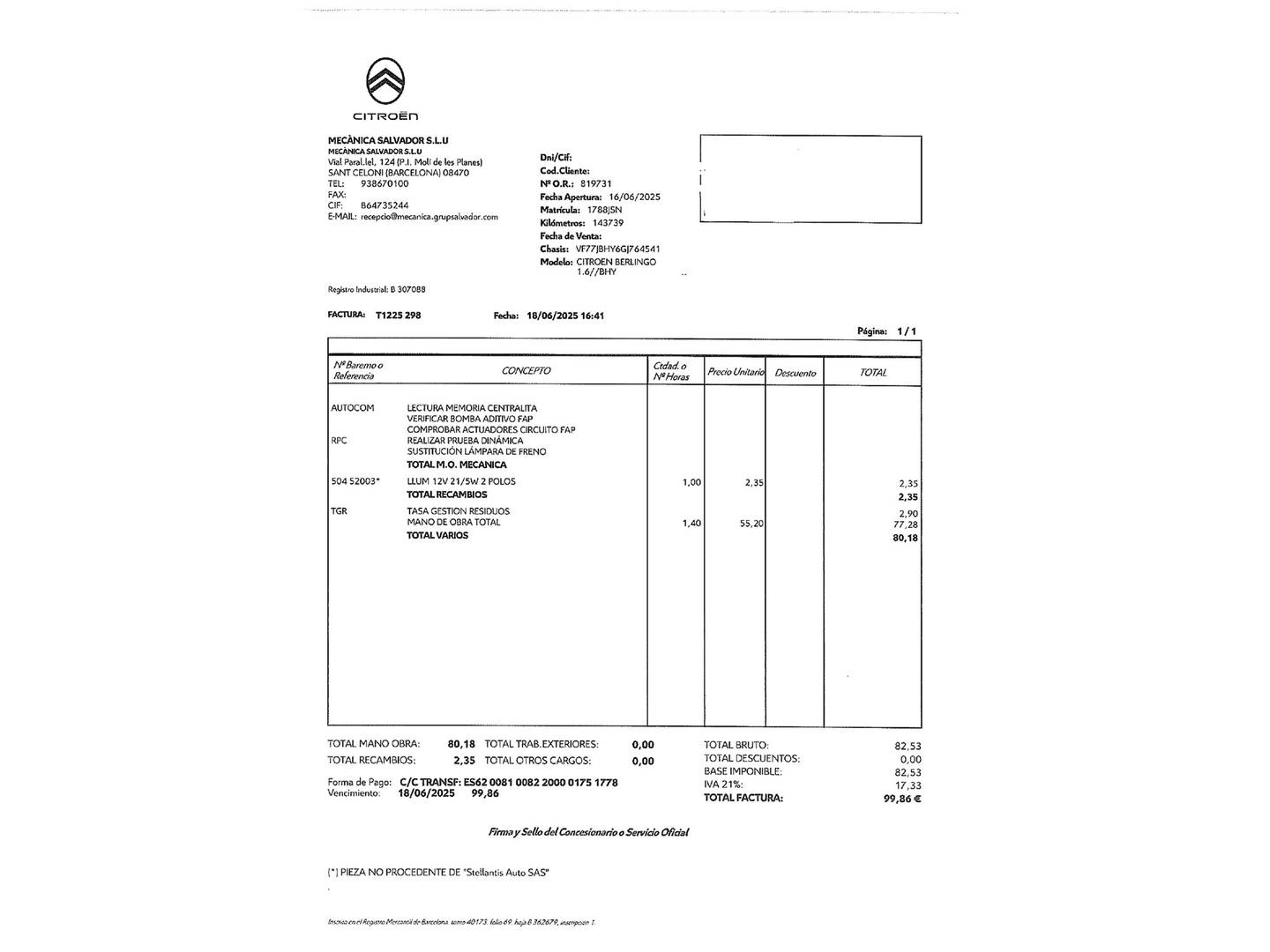 Foto del mantenimiento del Citroën Berlingo Citroën Berlingo Multispace LIVE Edition BlueHDi (100 CV)