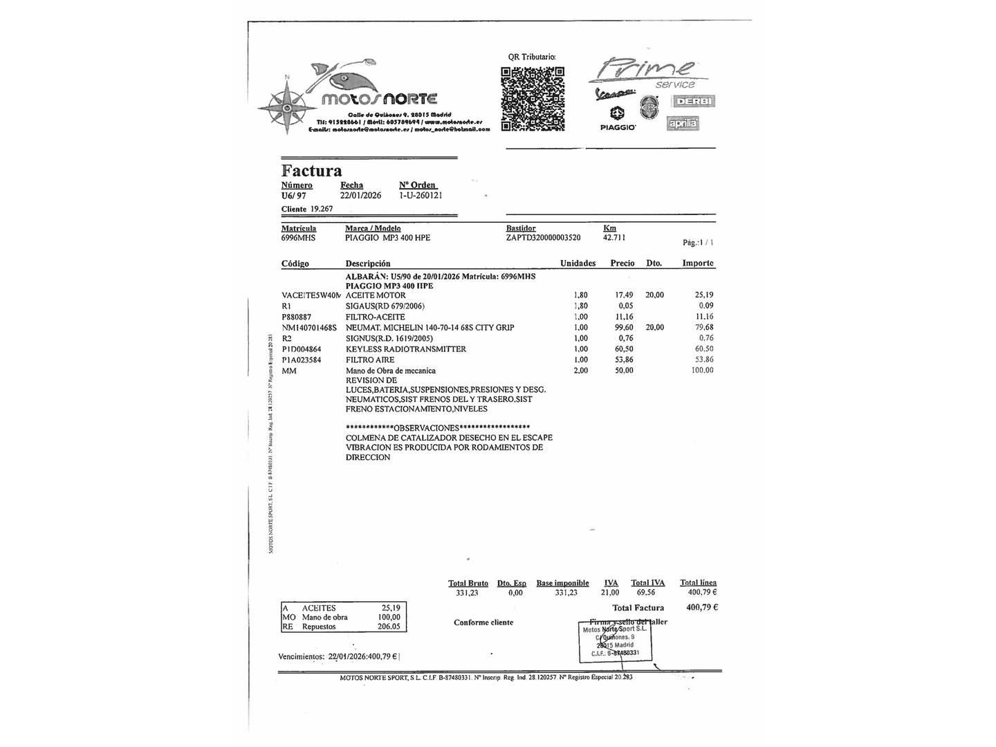 Foto del mantenimiento del Piaggio MP3 400 HPE Piaggio MP3 400 HPE 400 HPE (35 CV)