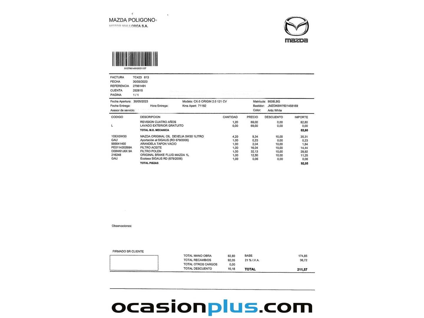 Foto del mantenimiento del Mazda CX-3 Mazda CX-3 2.0 G Origin Navi 2WD (121 CV)