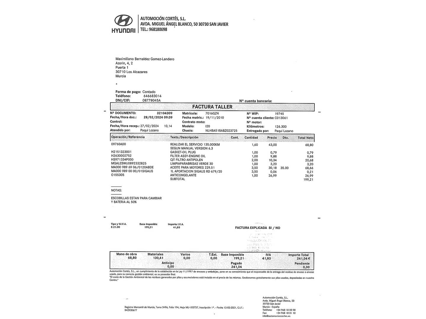 Foto del mantenimiento del Hyundai i20 Hyundai i20 1.2 Classic AA Key (78 CV)