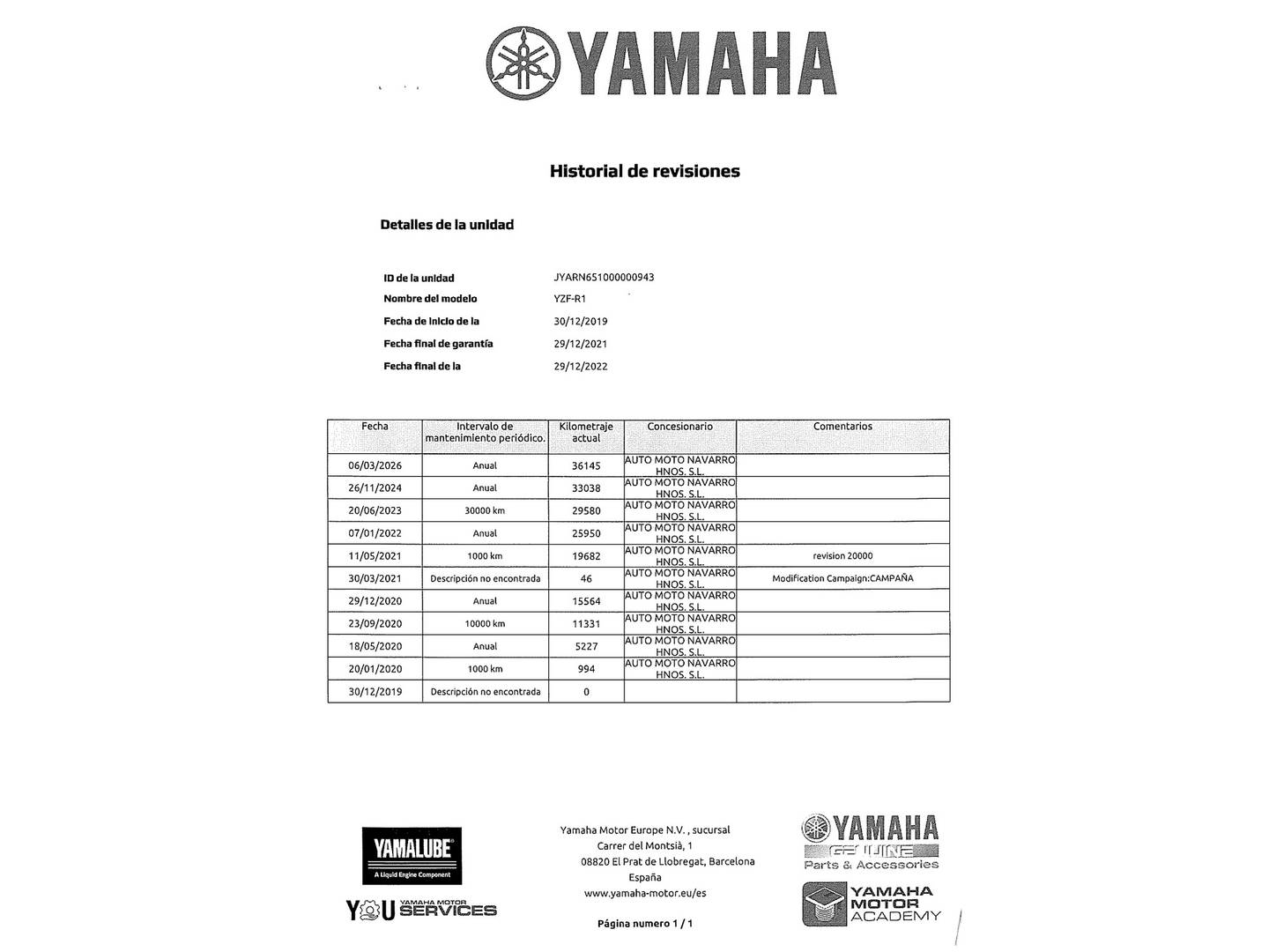 Foto del mantenimiento del Yamaha YZF R1 Yamaha YZF R1 YZF-R1  (200 CV)