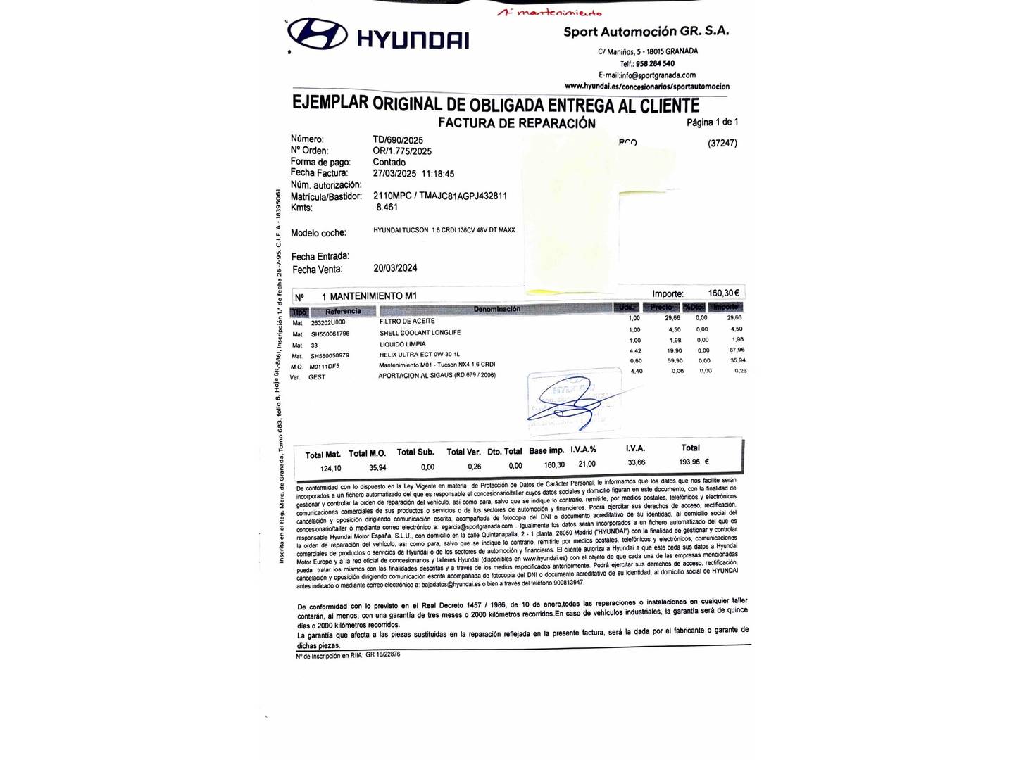 Foto del mantenimiento del Hyundai Tucson Hyundai Tucson 1.6 CRDI 48V Maxx DCT (136 CV)