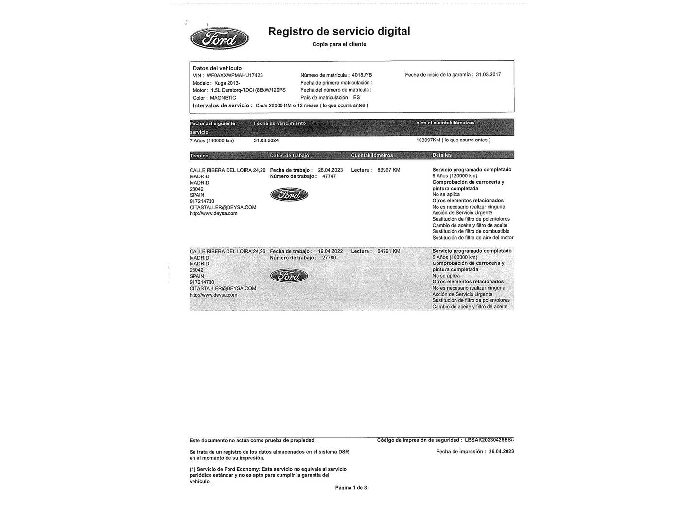 Foto del mantenimiento del Ford Kuga Ford Kuga 1.5 TDCI S&S Titanium 4x2 (120 CV)