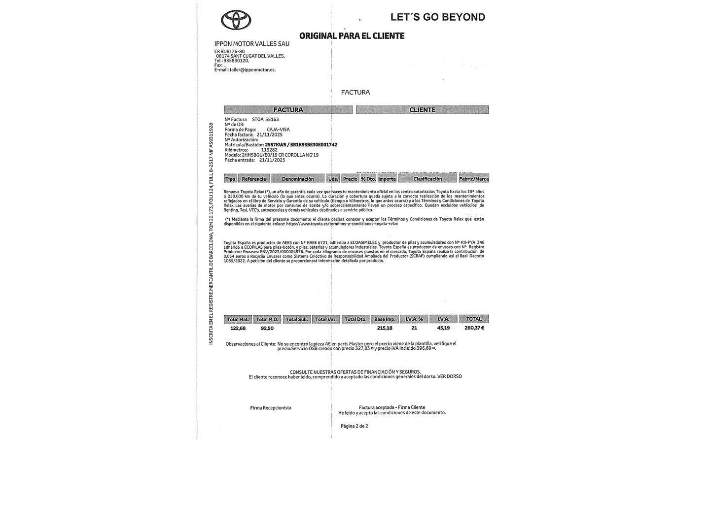 Foto del mantenimiento del Toyota Corolla Toyota Corolla 125H Active E-CVT (122 CV)