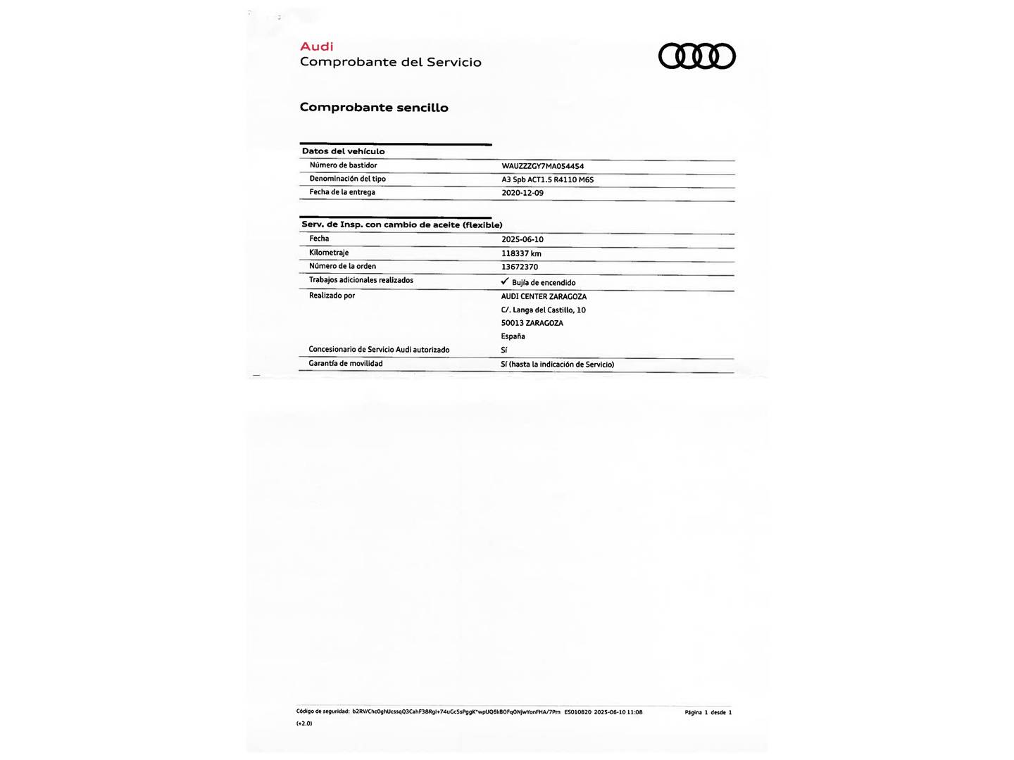 Foto del mantenimiento del Audi A3 Audi A3 Sportback Genuine edition 35 TFSI (150 CV) Pack S-Line