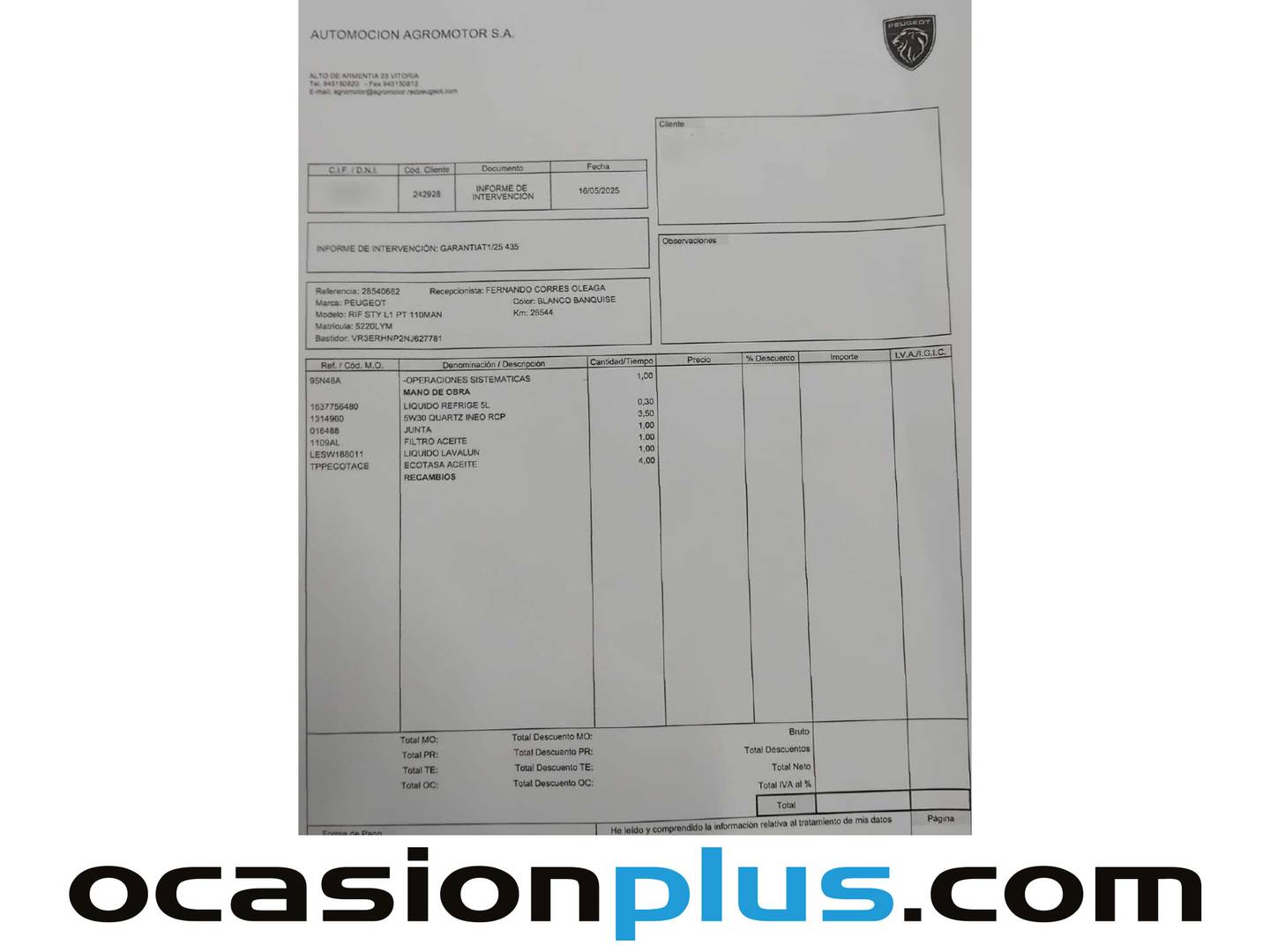 Foto del mantenimiento del Peugeot Rifter Peugeot Rifter Style Standard PureTech (110 CV)