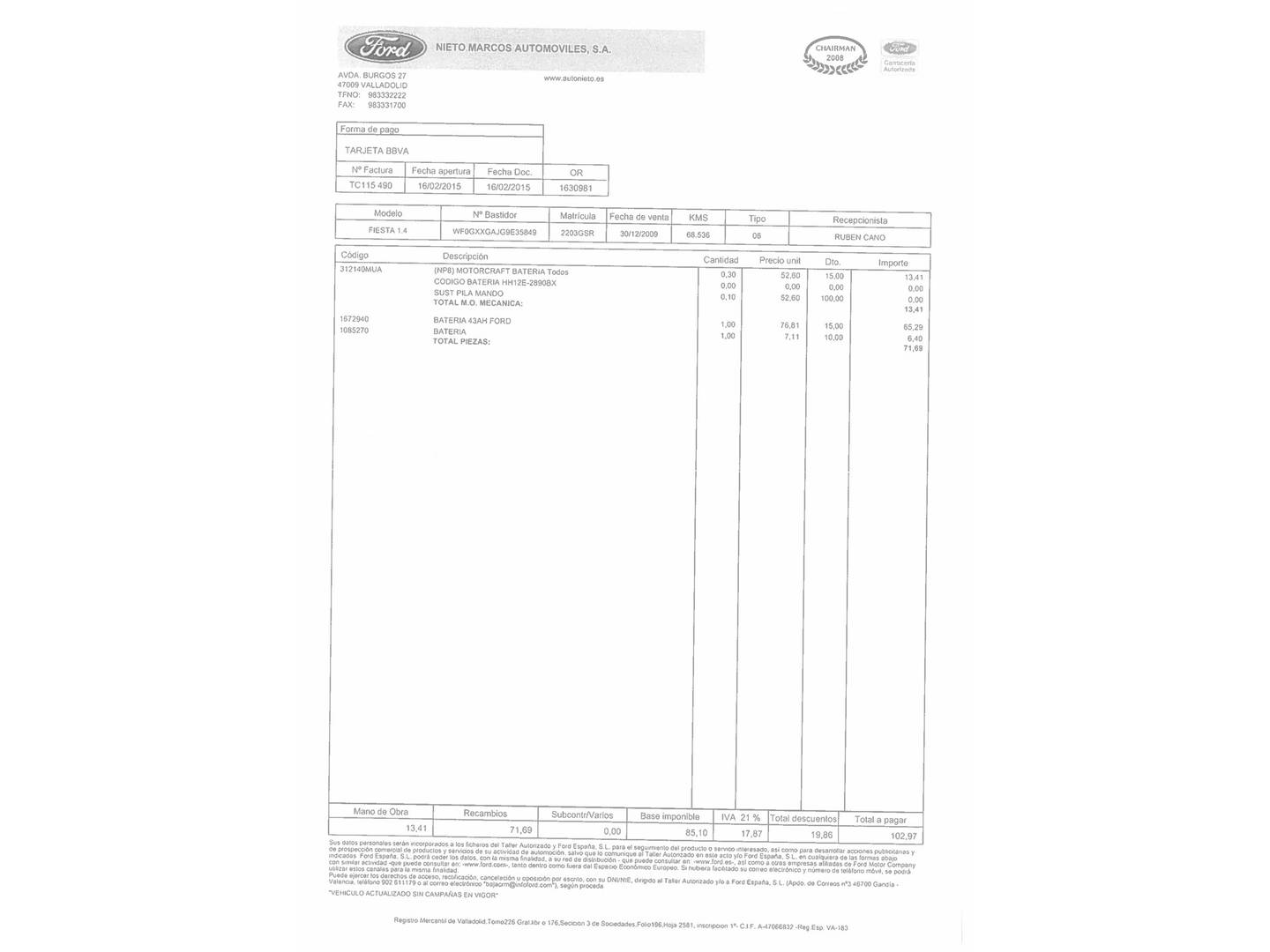 Foto del mantenimiento del Ford Fiesta Ford Fiesta 1.4 Titanium (96 CV)