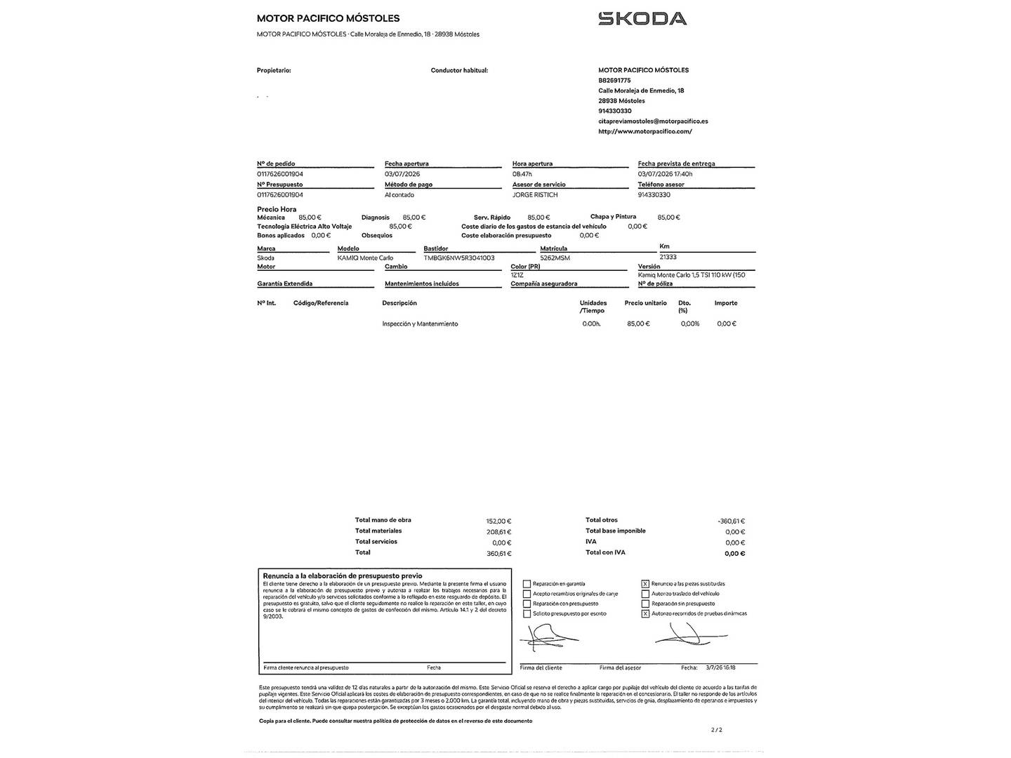 Foto del mantenimiento del Skoda Kamiq Skoda Kamiq 1.5 TSI Montecarlo DSG (150 CV)
