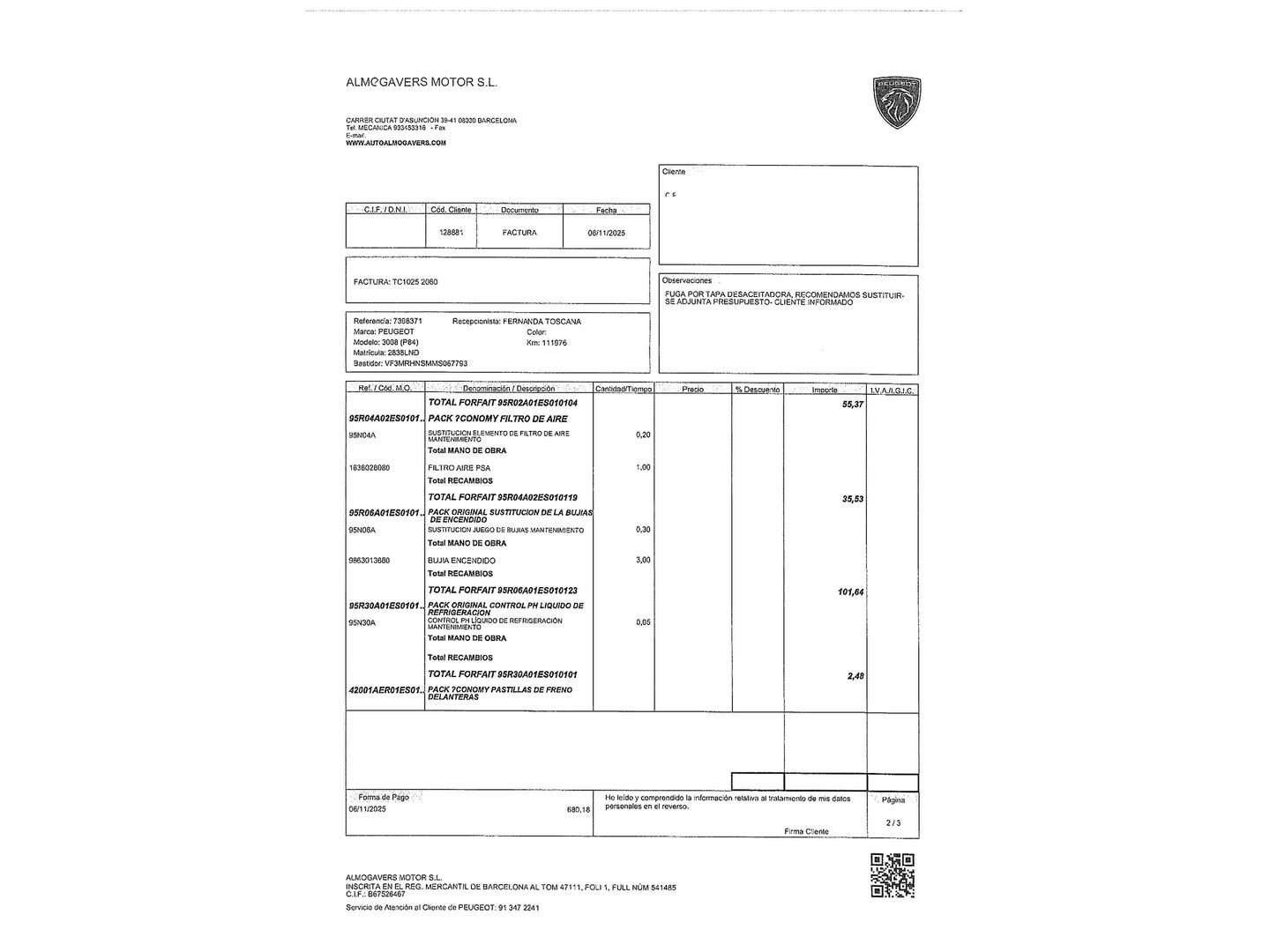 Foto del mantenimiento del Peugeot 3008 Peugeot 3008 130 S&S Active 96 kW (130 CV)