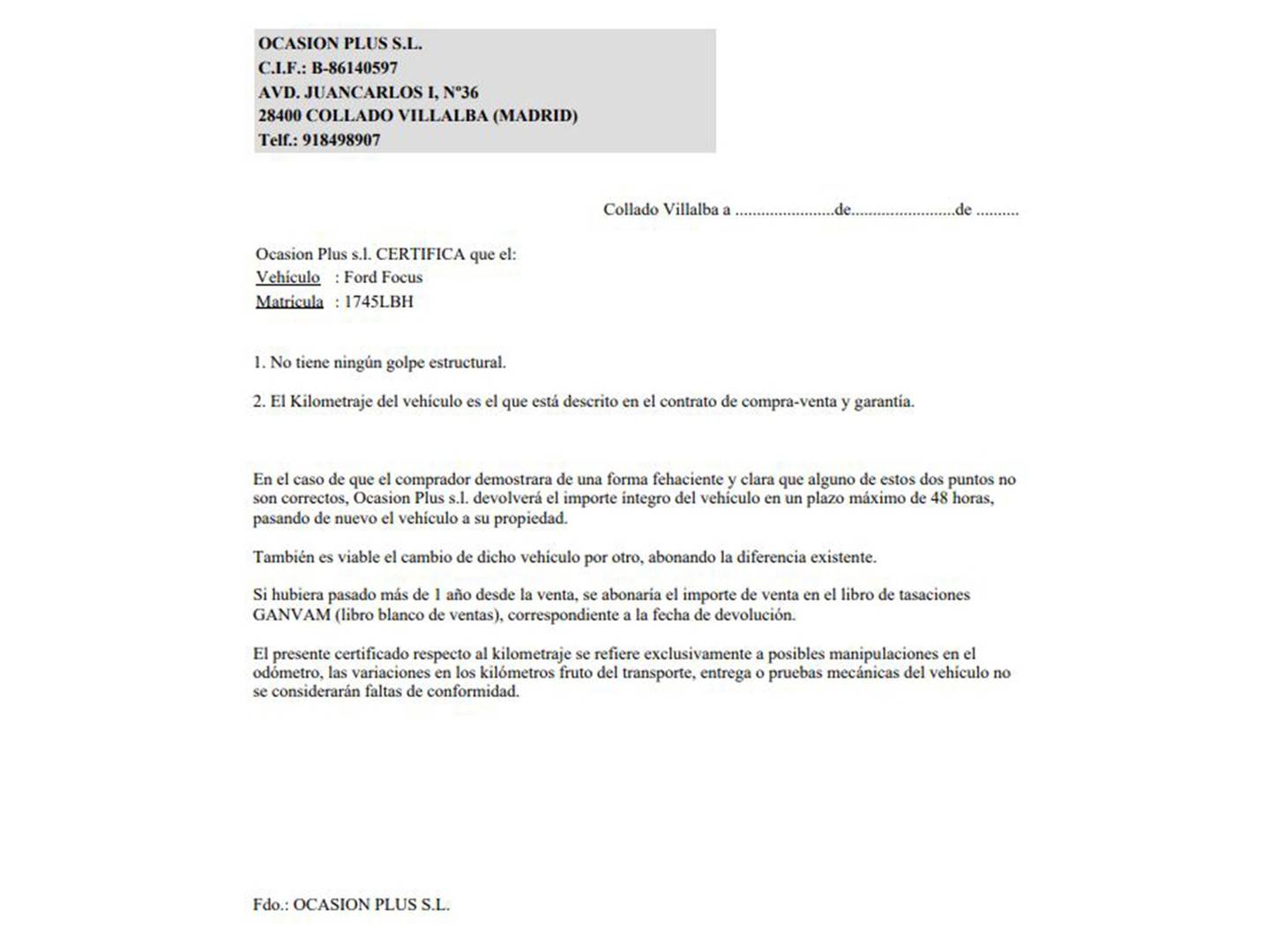 Foto del certificado del Ford Focus Ford Focus 1.5 Ecoboost ST-Line (150 CV)