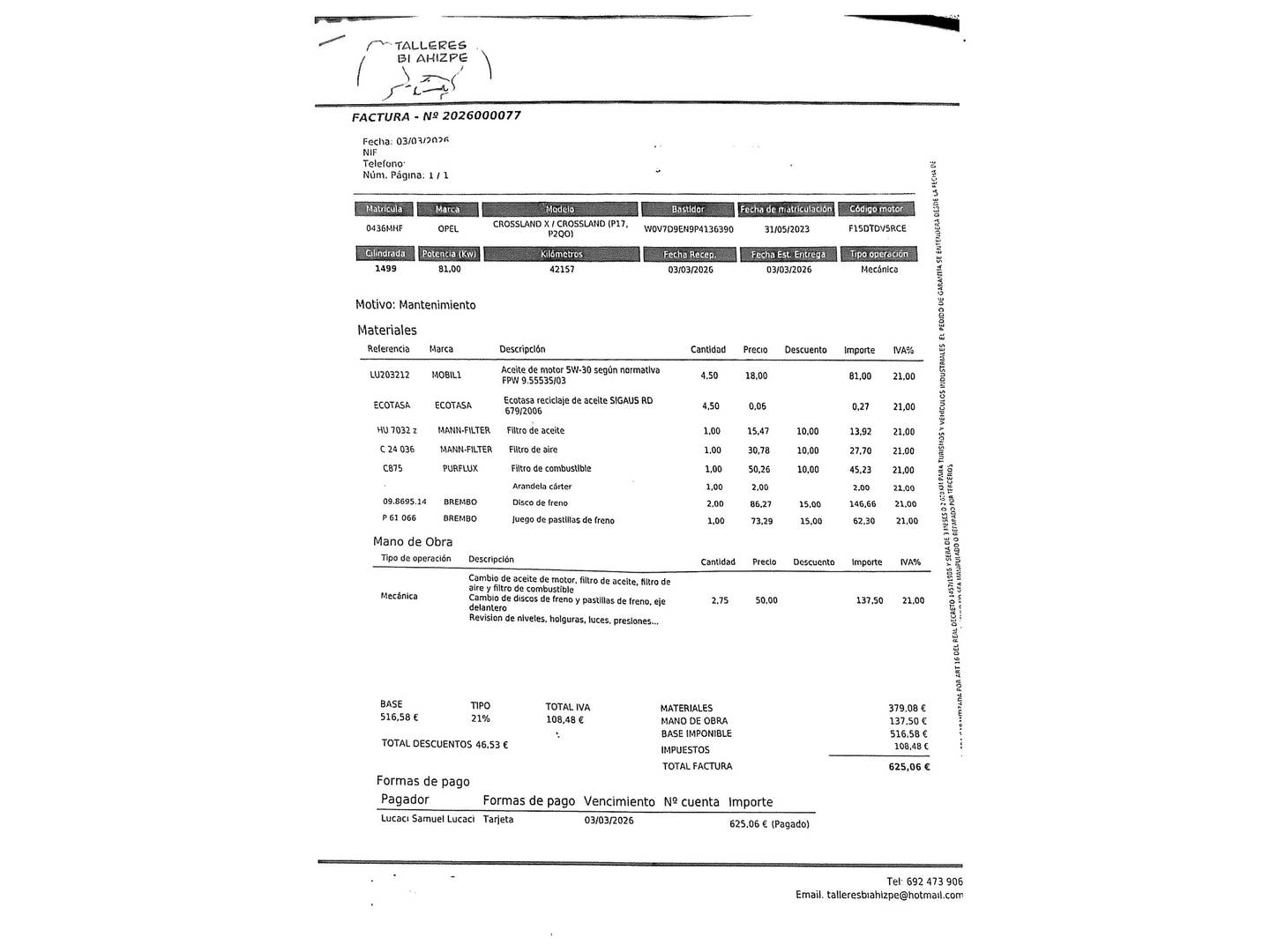 Foto del mantenimiento del Opel Crossland Opel Crossland 1.5D GS (110 CV)