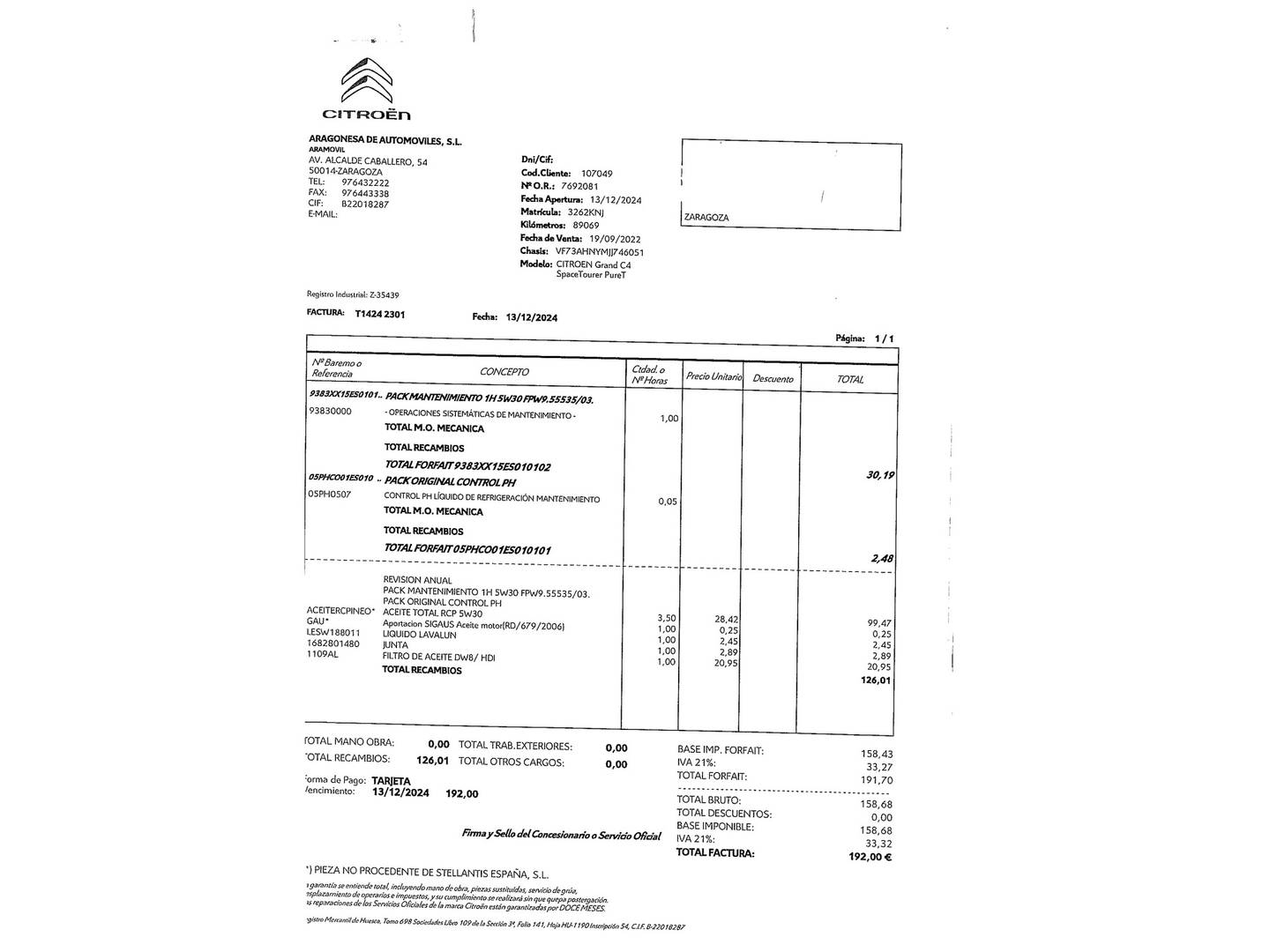 Foto del mantenimiento del Citroën Grand C4 Spacetourer Citroen Grand C4 Spacetourer PureTech 130 S&S Feel (130 CV) 7 Plazas