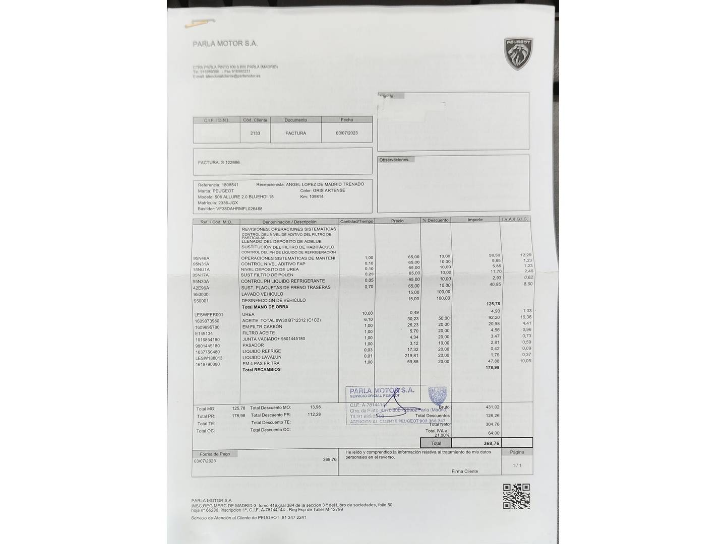 Foto del mantenimiento del Peugeot 508 Peugeot 508 2.0 BlueHDI Allure (150 CV)