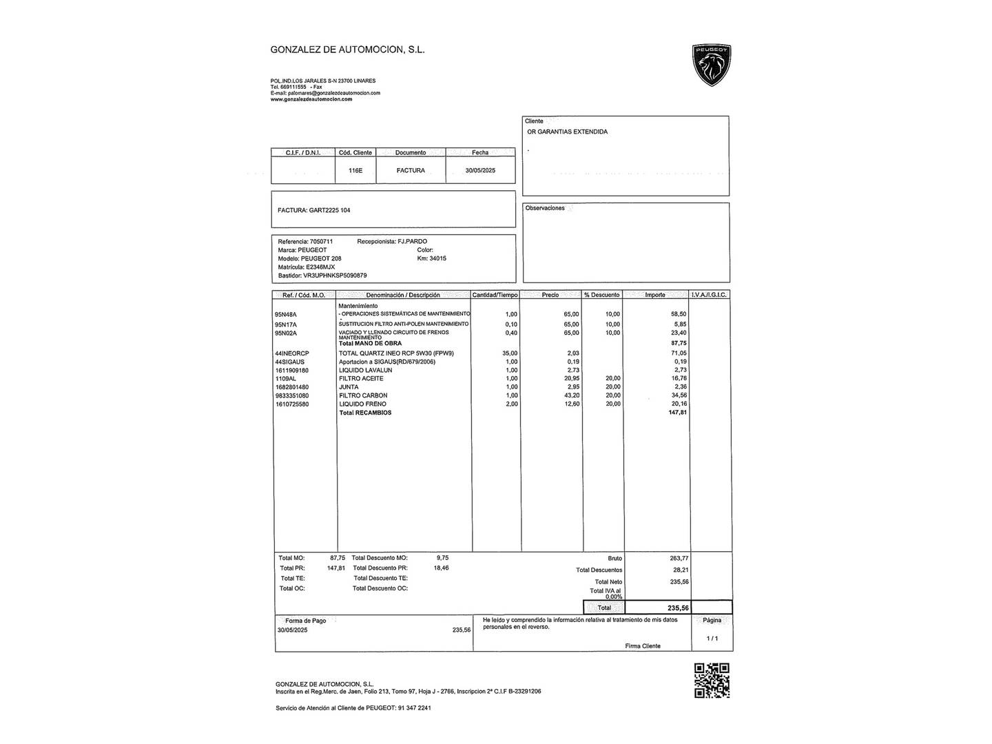 Foto del mantenimiento del Peugeot 208 Peugeot 208 PureTech 100 Allure Pack EAT8 (100 CV)