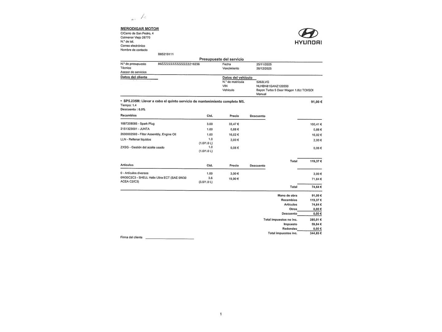 Foto del mantenimiento del Hyundai Bayon Hyundai Bayon 1.0 TGDI Maxx (100 CV)
