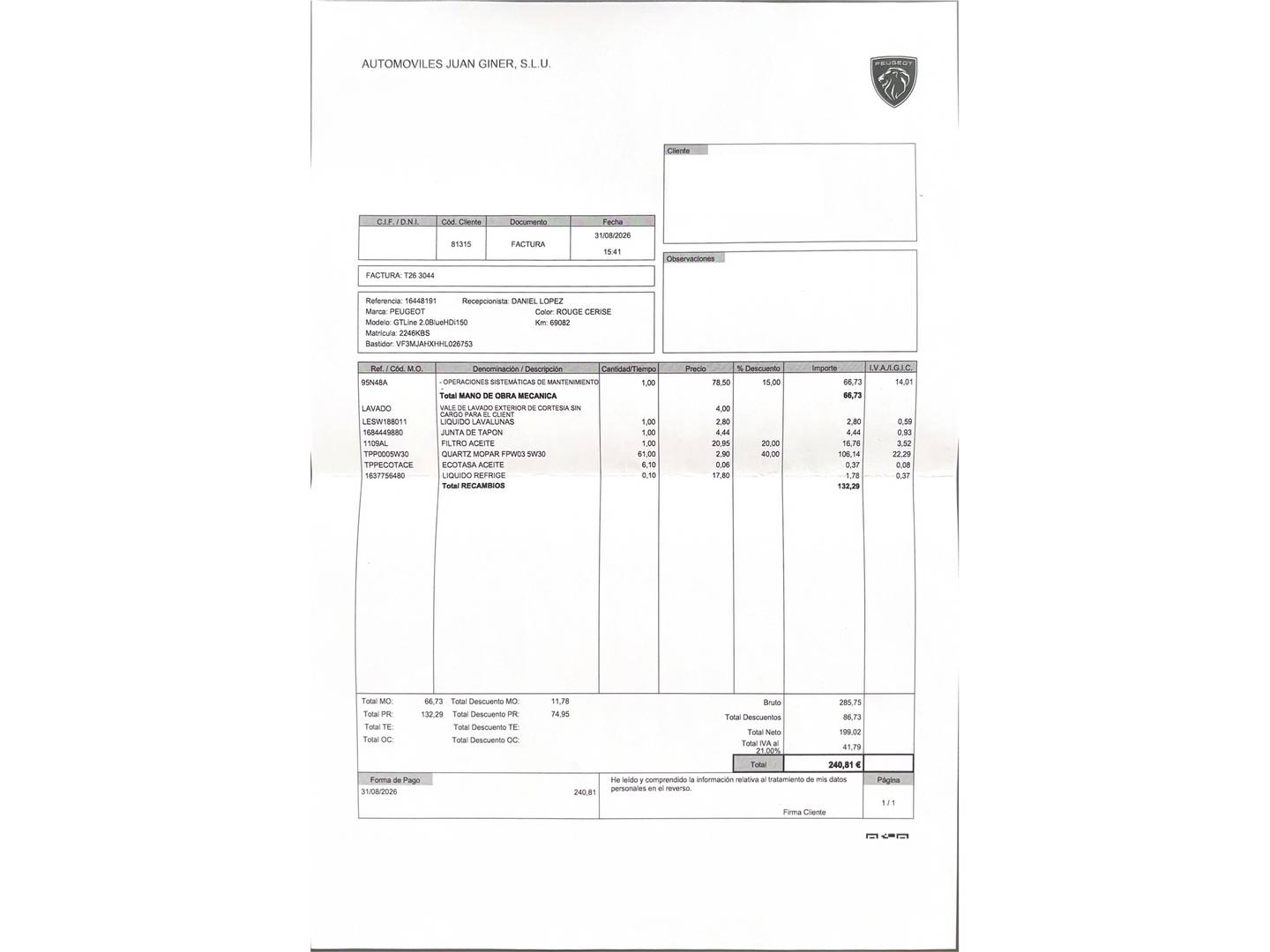 Foto del mantenimiento del Peugeot 5008 Peugeot 5008 BlueHDI 150 GT-Line S&S (150 CV)