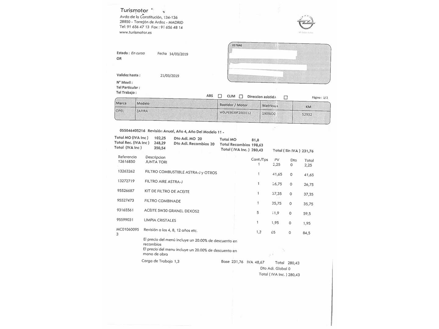 Foto del mantenimiento del Opel Zafira Tourer Opel Zafira Tourer 1.6 CDTi S&S Excellence (136 CV) 7 Plazas