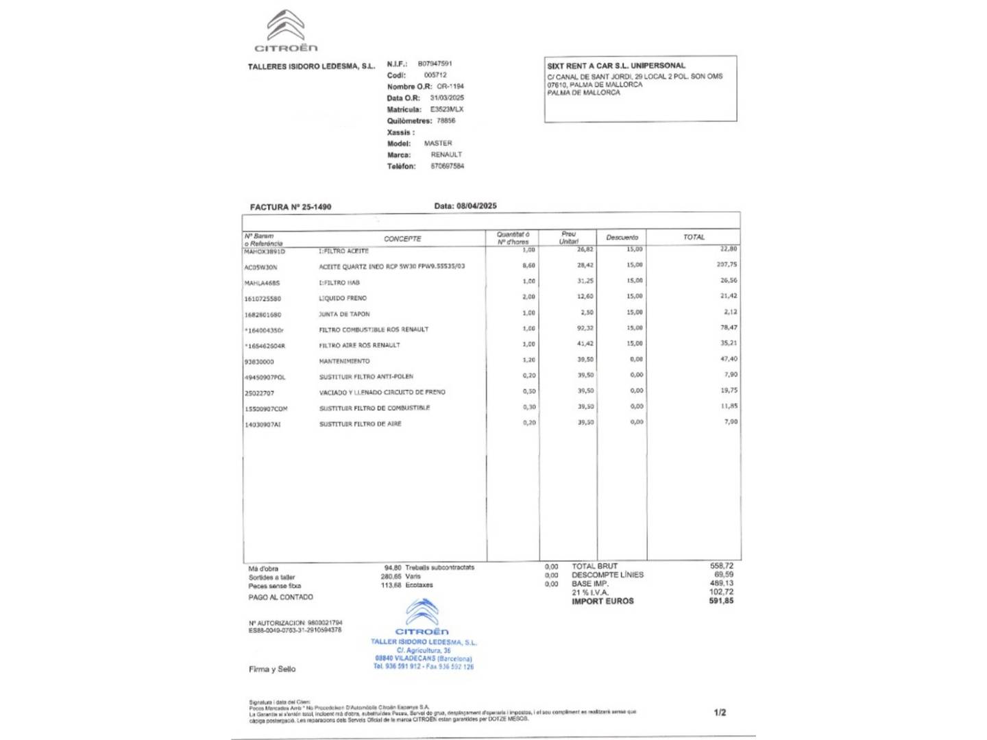Foto del mantenimiento del Renault Master RENAULT Master L4H2 3500 RS E B dCi (145CV)