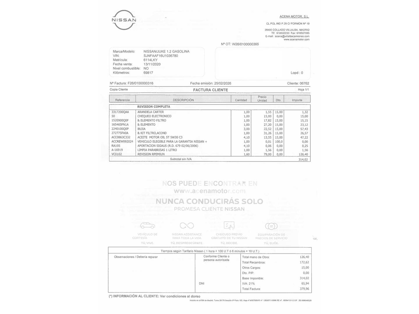 Foto del mantenimiento del Nissan JUKE Nissan Juke DIG-T N-Connecta 4x2 (114 CV)