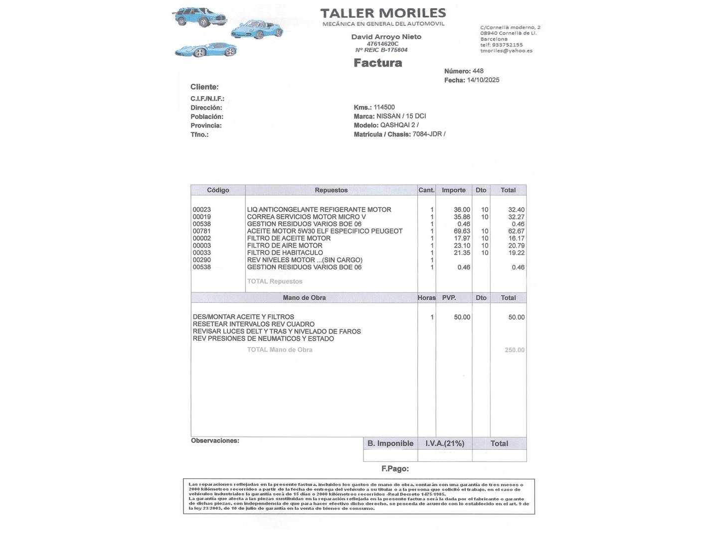 Foto del mantenimiento del Nissan QASHQAI Nissan Qashqai 1.5 dCi S&S Acenta 4x2 (110 CV)