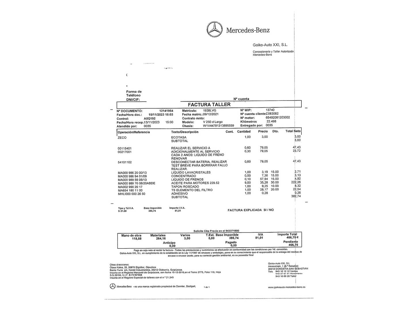 Foto del mantenimiento del Mercedes Clase V Mercedes Clase V 250 d Avantgarde Largo (190 CV) 8 Plazas