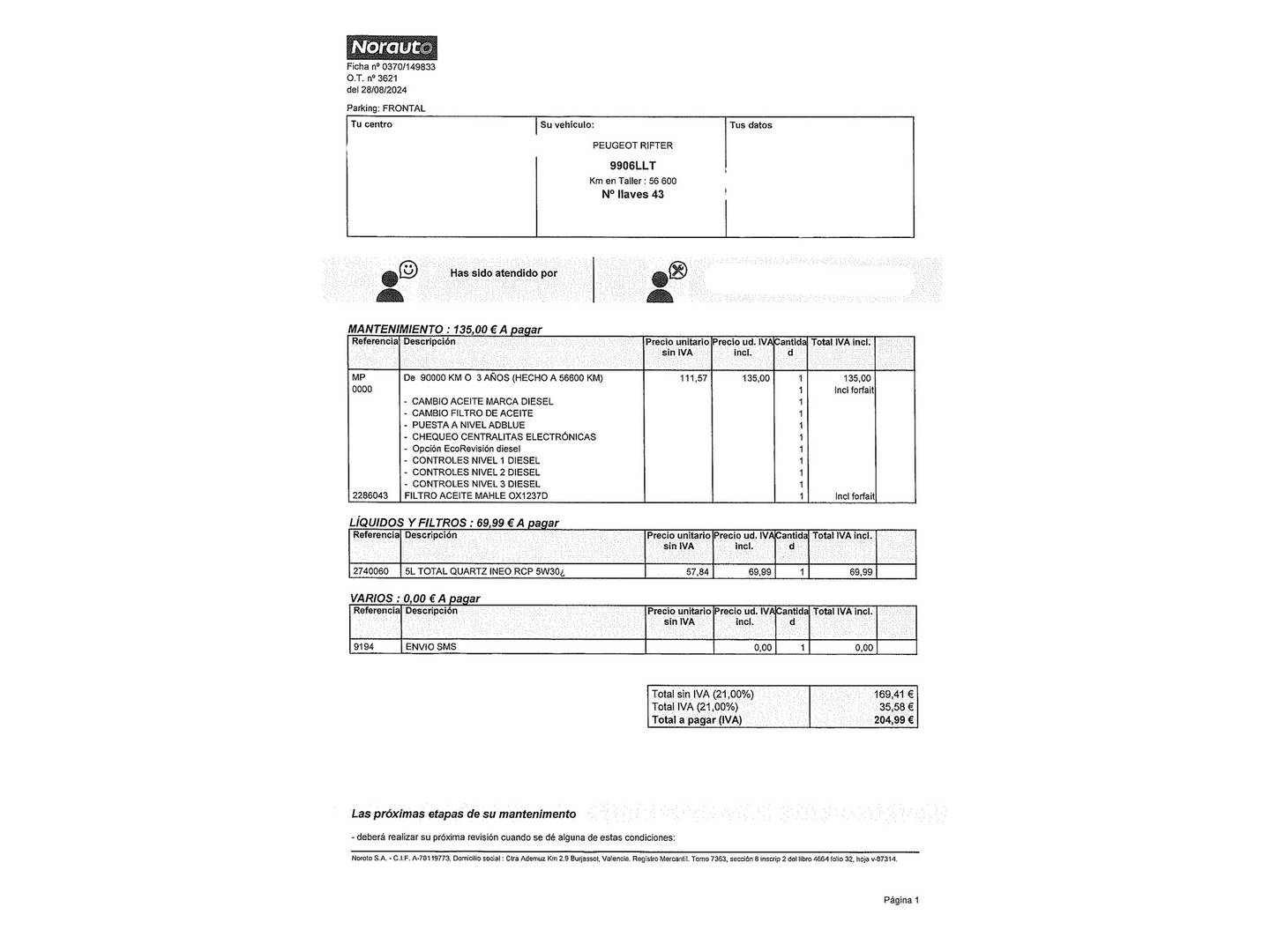Foto del mantenimiento del Peugeot Rifter Peugeot Rifter BlueHDi 130 GT Standard (130 CV)