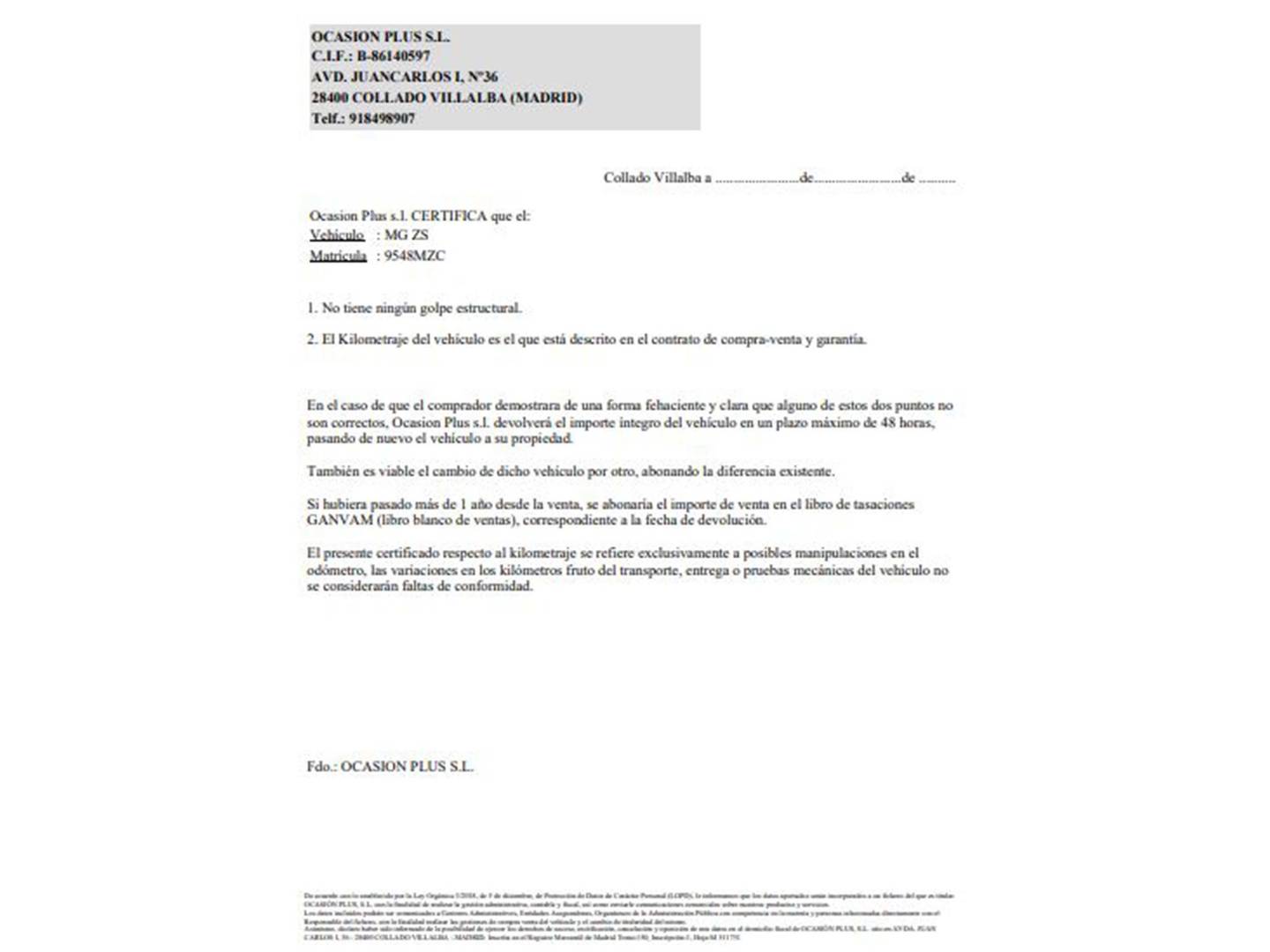 Foto del certificado del MG ZS MG ZS 1.5 Luxury (106 CV)
