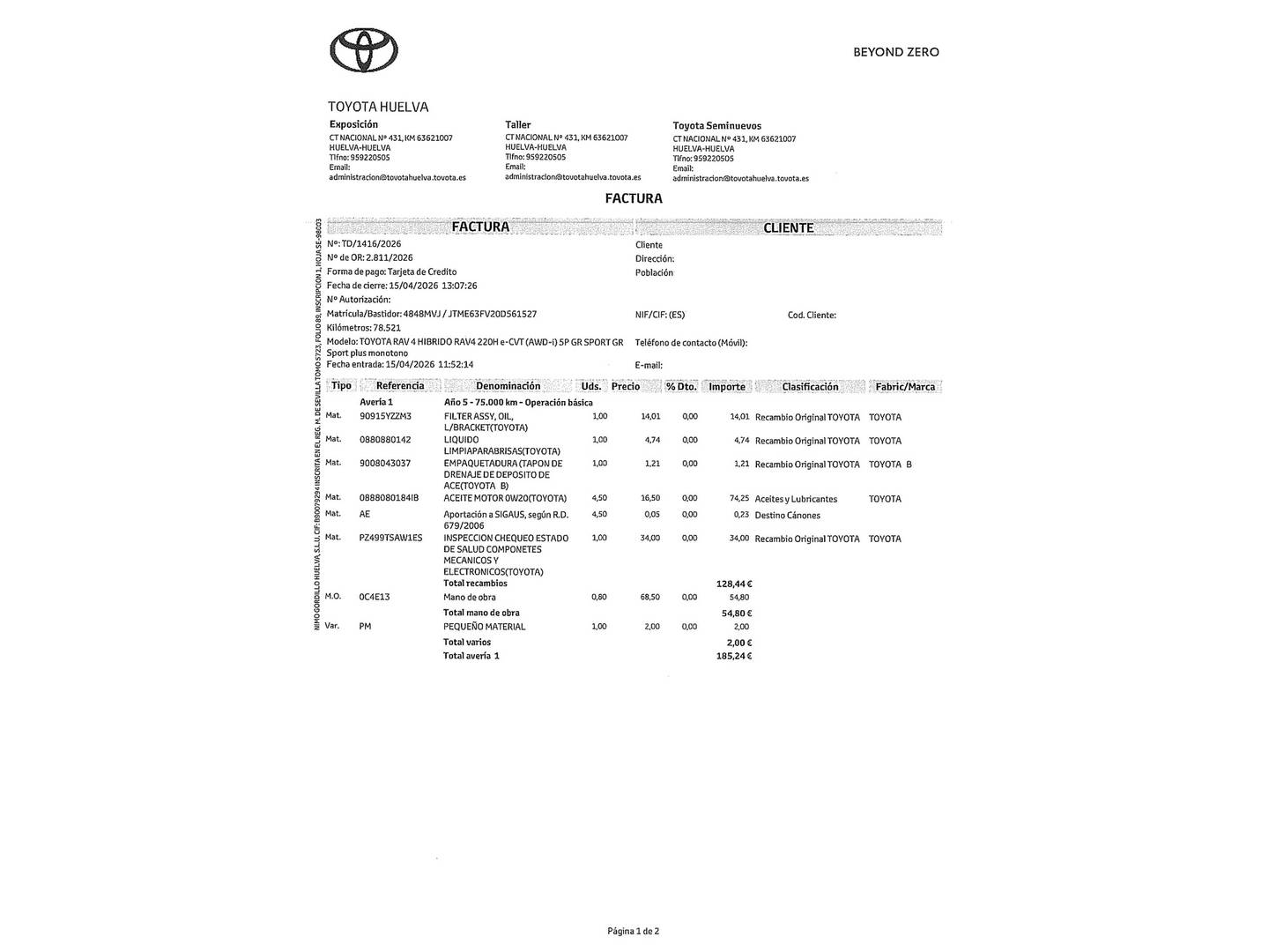 Foto del mantenimiento del Toyota Rav4 Toyota Rav4 2.5 220H GR-Sport Plus 4x4 e-CVT (222 CV)