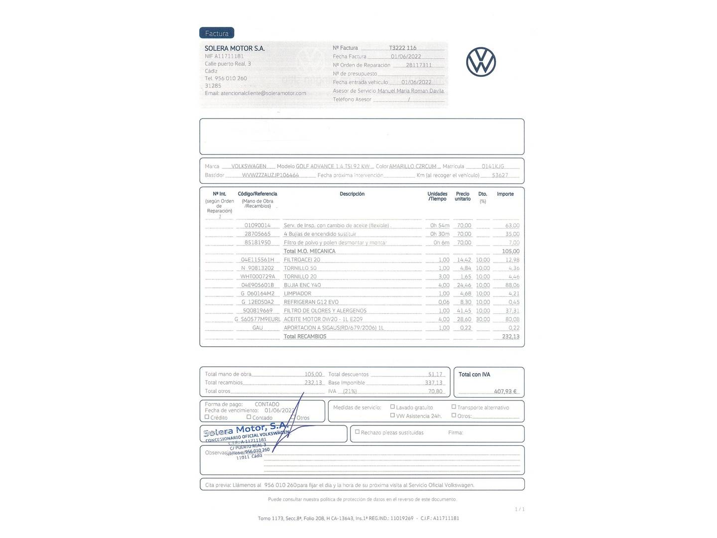 Foto del mantenimiento del Volkswagen Golf Volkswagen Golf Advance 1.4 TSI (125 CV)