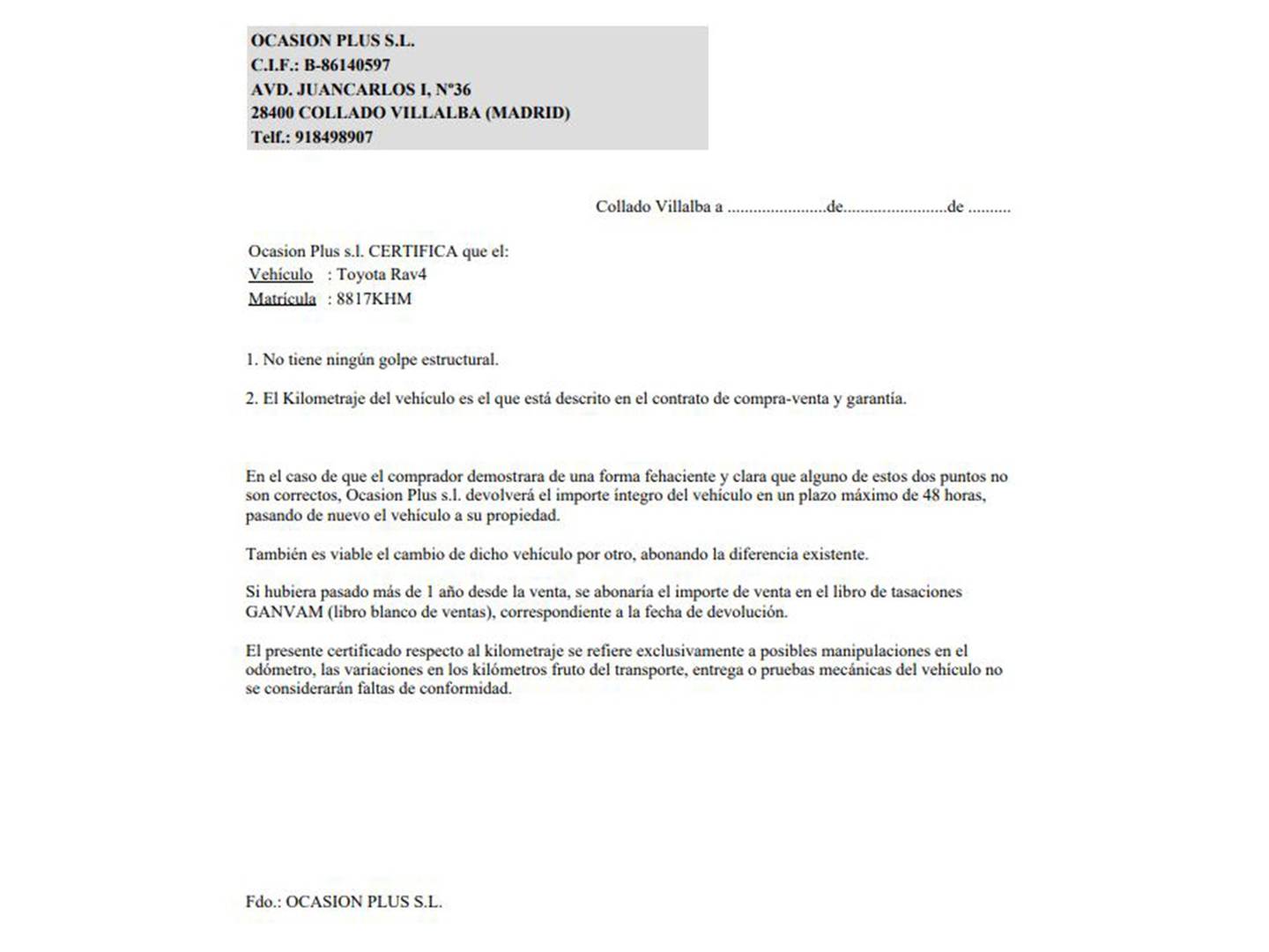 Foto del certificado del Toyota Rav4 Toyota Rav4 2.5l hybrid Advance 4WD (197 CV)