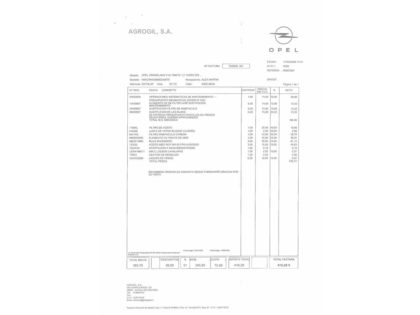 Foto del mantenimiento del Opel Grandland X Opel Grandland X 1.2 Turbo Ultimate (130 CV)