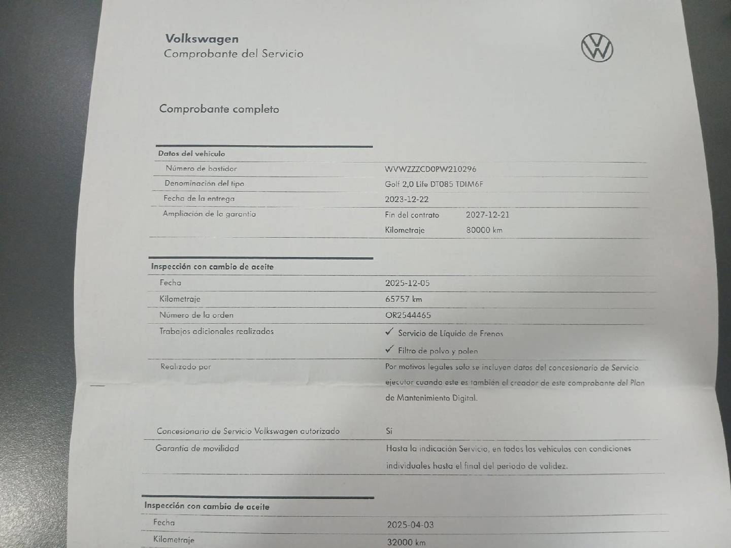 Foto del mantenimiento del Volkswagen Golf Volkswagen Golf Life 2.0 TDI (115 CV)