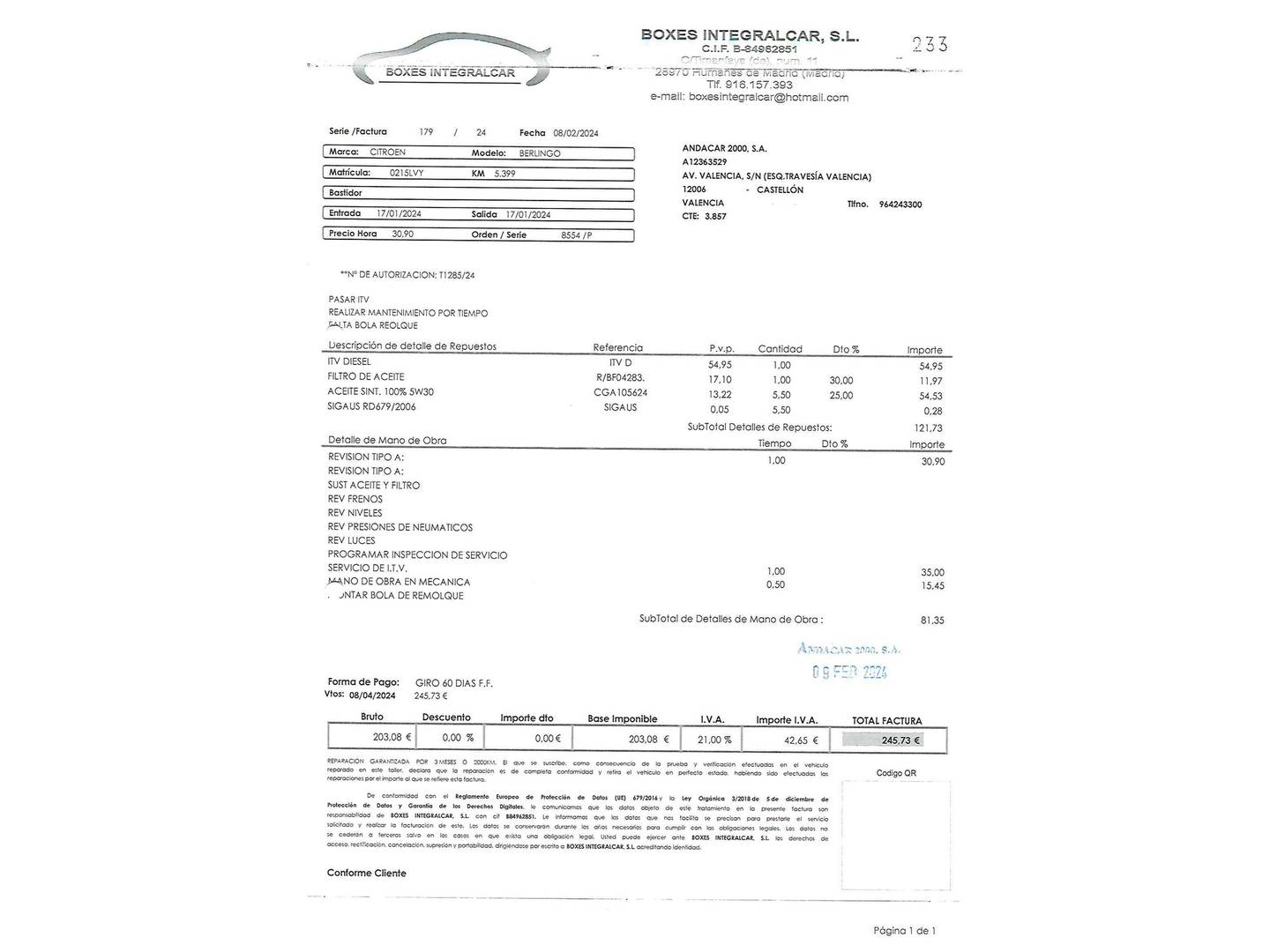 Foto del mantenimiento del Citroën Berlingo Citroen Berlingo Furgon BlueHDi 100 Talla M Club (102 CV)