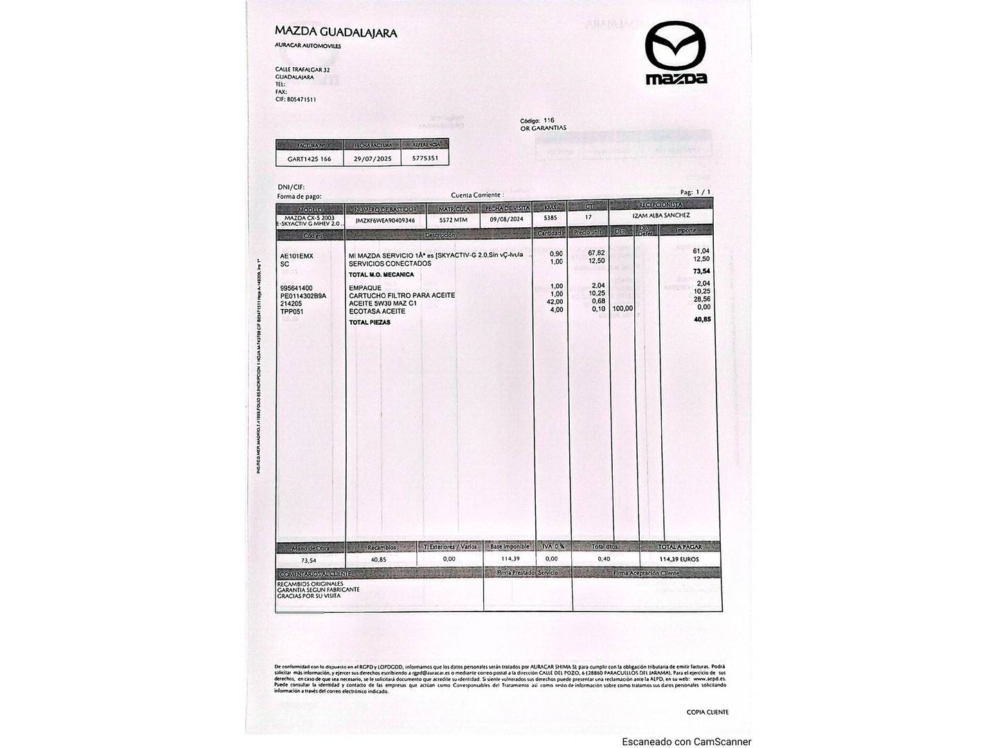 Foto del mantenimiento del Mazda CX-5 Mazda CX-5 2.0 E-SKYACTIV-G MHEV Advantage AT (165 CV)
